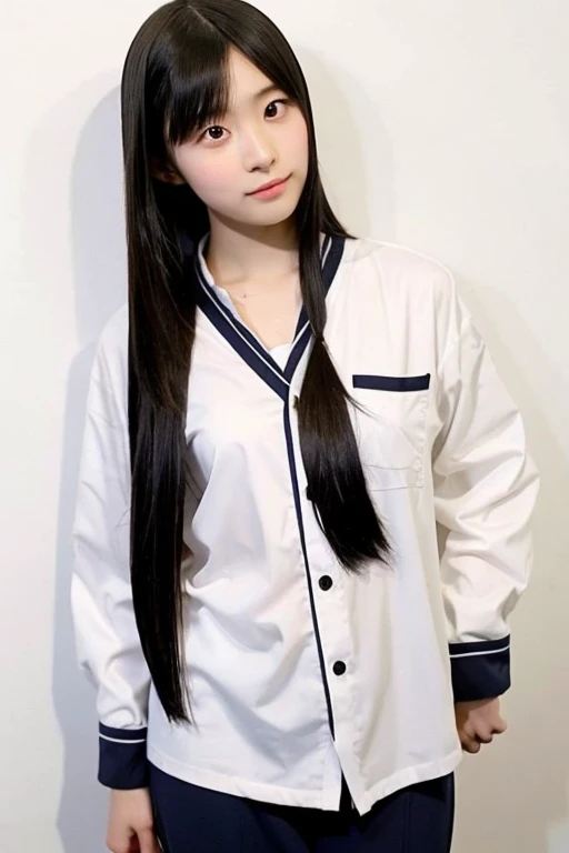 A 20-year-old Japanese woman with dynamic hair, wearing a cosplay, standing upright in front of a white wall, neatly arranged long straight hair, forehead sticking out, black hair, very Japanese woman. Cute face, above the knees, serious and neat honor student atmosphere, no makeup