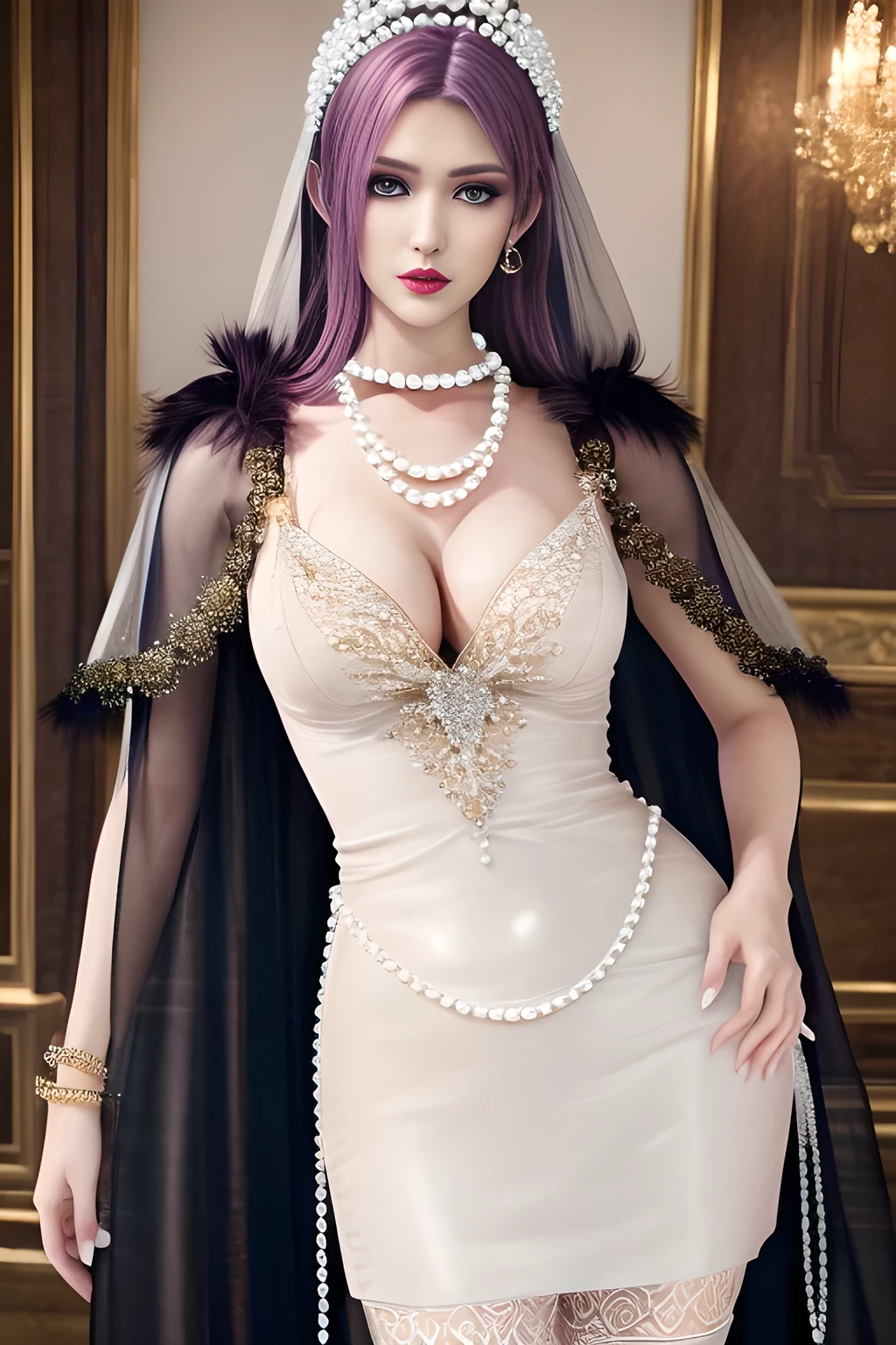 1girl,beautiful detailed eyes,beautiful detailed lips,extremely detailed eyes and face,long eyelashes,(Wearing Ice-crystal embellished dress:1.2),(Wearing Jewel:1.2),(lace_cloak:1.3),(Fluffs),(pearl bodychain:1.3),mesh pantyhose,(best quality,4k,8k,highres,masterpiece:1.2),ultra-detailed,(realistic,photorealistic,photo-realistic:1.37),elaborate makeup,elegant pose,fashion,model,glamour,high fashion,runway look,  elise,