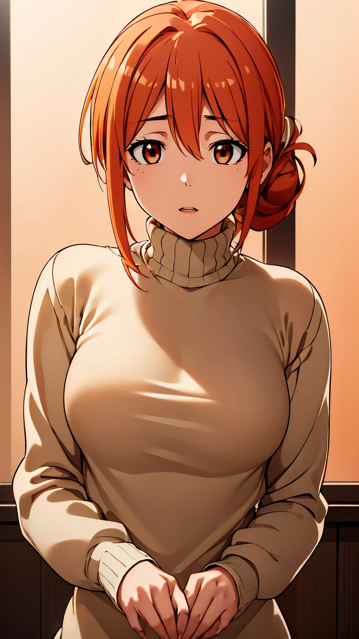 ((8k resolution))、((highest quality))、((masterpiece))、((Very detailed))((((dramatic))), (Anatomically correct)、The depth of the object to write、front、one person、 (yuigahama, sweater, hair between eyes, turtleneck, orange hair, single hair bun, orange eyes, hair bun, long hair,)、Completely naked、pubic hair、White background