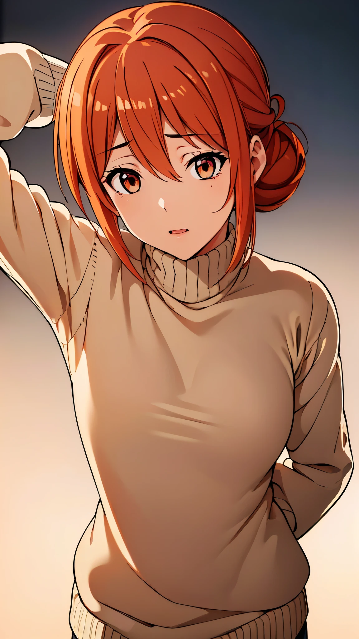 ((8k resolution))、((highest quality))、((masterpiece))、((Very detailed))((((dramatic))), (Anatomically correct)、The depth of the object to write、front、one person、 (yuigahama, sweater, hair between eyes, turtleneck, orange hair, single hair bun, orange eyes, hair bun, long hair,)、Completely naked、pubic hair、White background