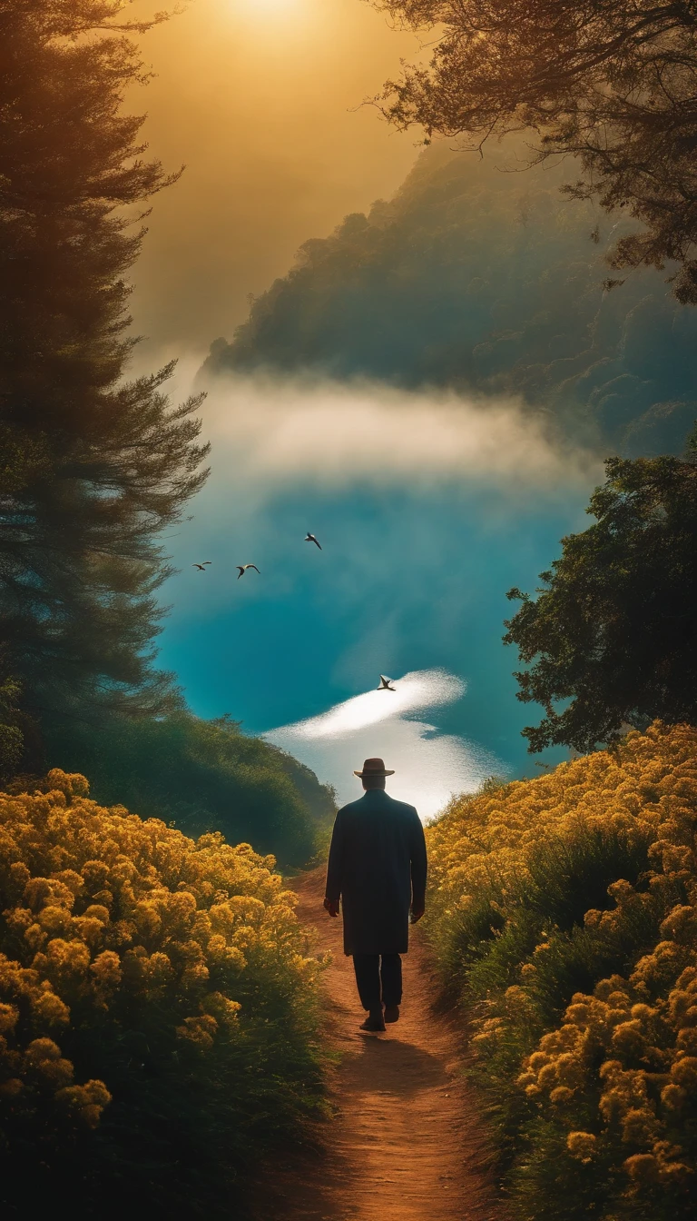 In the vast expanse,montanhas de neve、Na floresta、lagos、Uma imagem dourada de um mar de flores e luz solar. A lonely man in the landscape. With the presence of a dove