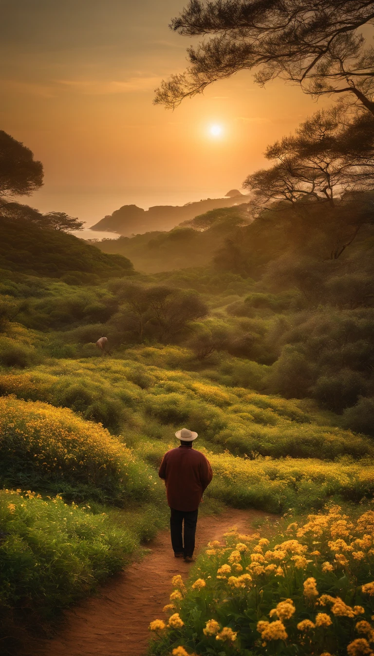 In the vast expanse，montanhas de neve、Na floresta、lagos、Uma imagem dourada de um mar de flores e luz solar. A lonely man in the landscape. With the presence of a dove