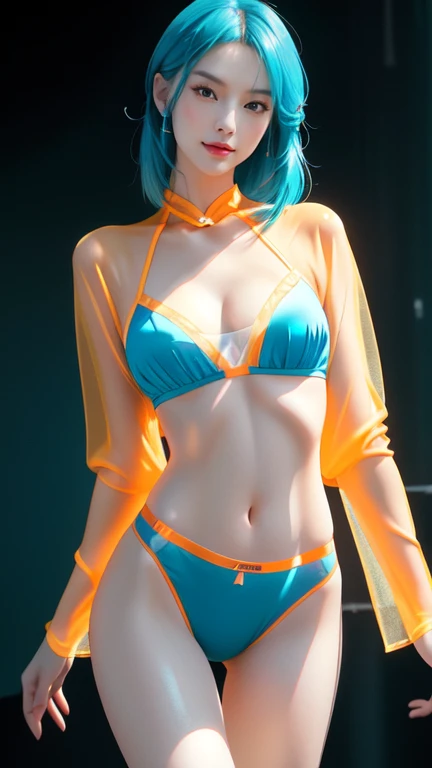 8K Ultra HD、Digital SLR Camera、soft light、high quality、Volumetric Lighting、frank、photo、high resolution、4K、8k、Bokeh,The eyes and face are very detailed,Clear eyes,Delicateeyes, Delicate lips, Show a sexy smile, Pretty Face, Create stunning girl images, warm color, Very high color saturation,The legs look very long from the front,dynamic poses,Normal posture,40-year-old Chinese female model,Golden Ratio, Minimalism,Transparent and visible skin, Orange costumes,Sheer silk shirt,Transparent underwear,Ocean blue hair、Invisible cyberpunk hairstyle,Cleavage、Exposed breasts、sexy、very detailed breasts, d cup size,black background