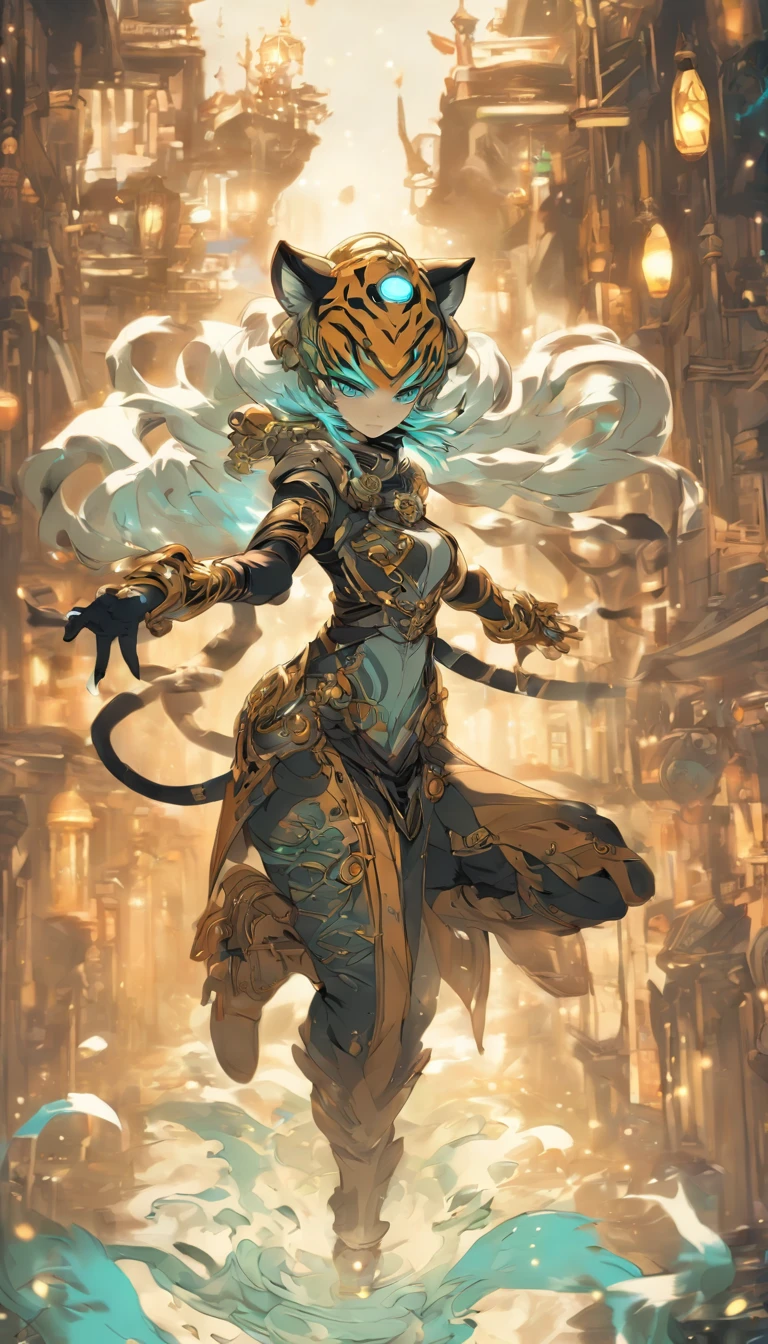 Chinese ink style,Steampunk world,Tiger-shaped steampunk warframe girl,Jet steam is suspended in the city air,Ink animation art,Ink comic art,water ink,ink,Smudge,8K,Delicately portrayed,Works of masters,Black and white tones