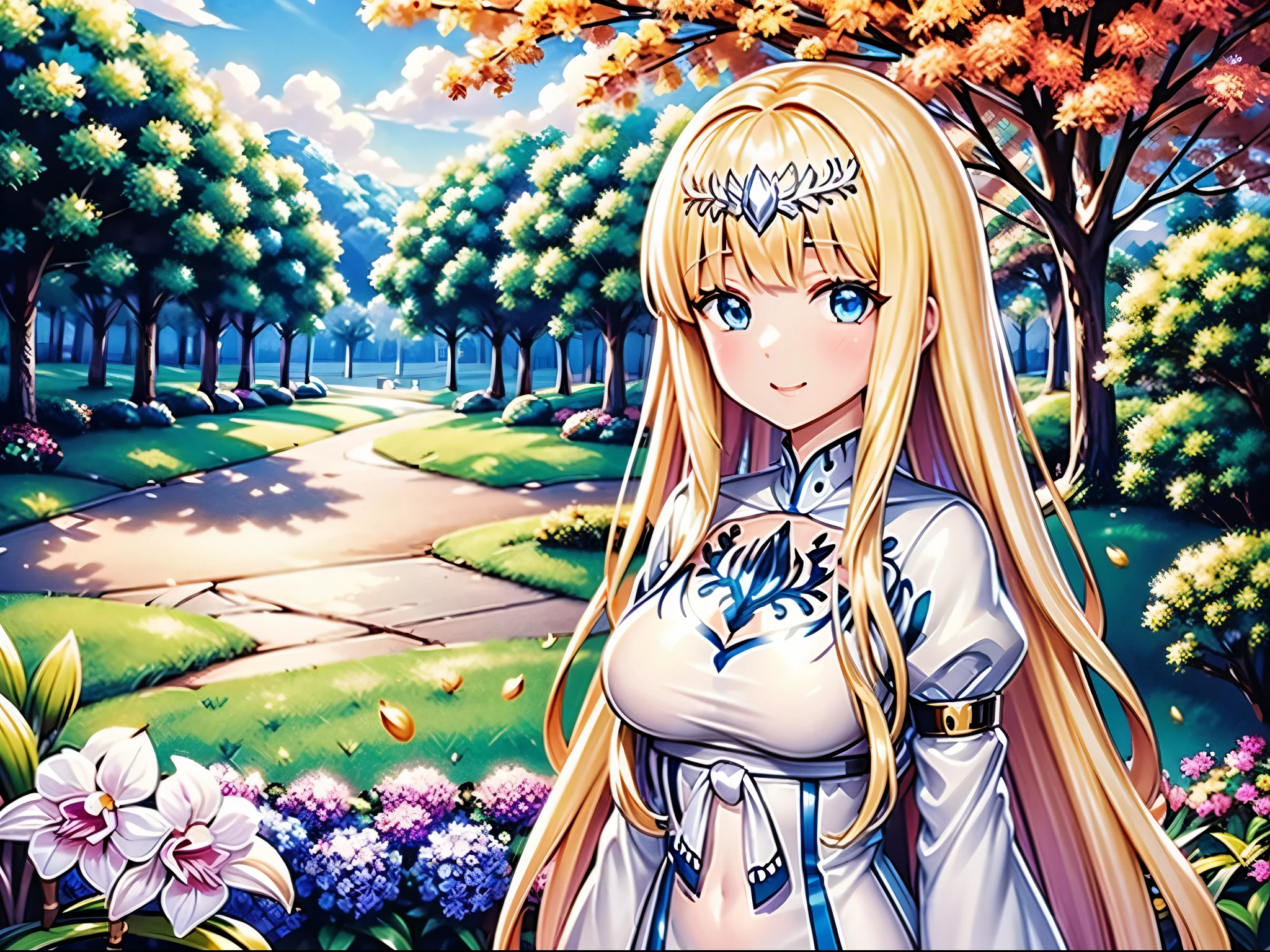 (high resolution、Very fine、movies)、alone、1 girl in、happiness、Orchid on the side、Girls around orchid petals、Charming smile、Whole Esbian、、Facing the front、Fantasy、official art、pop art、Brief history、ใบหน้าที่มีรายVery fineเกินไป、Highly detailed eyes、orchid garden、ฟิลด์ที่มีรายVery fine、blue sky white、 Cui Color、Blanche、nebula in the sky、landscape of autumn leaves、watercolor painting、pastel colors,  1 girl,alone, Calcutta, Calcutta Bessarez, blonde hair, My hair is very long., My hair is very long., white crown, silver crown, white dress, blue eyes, Medium bust