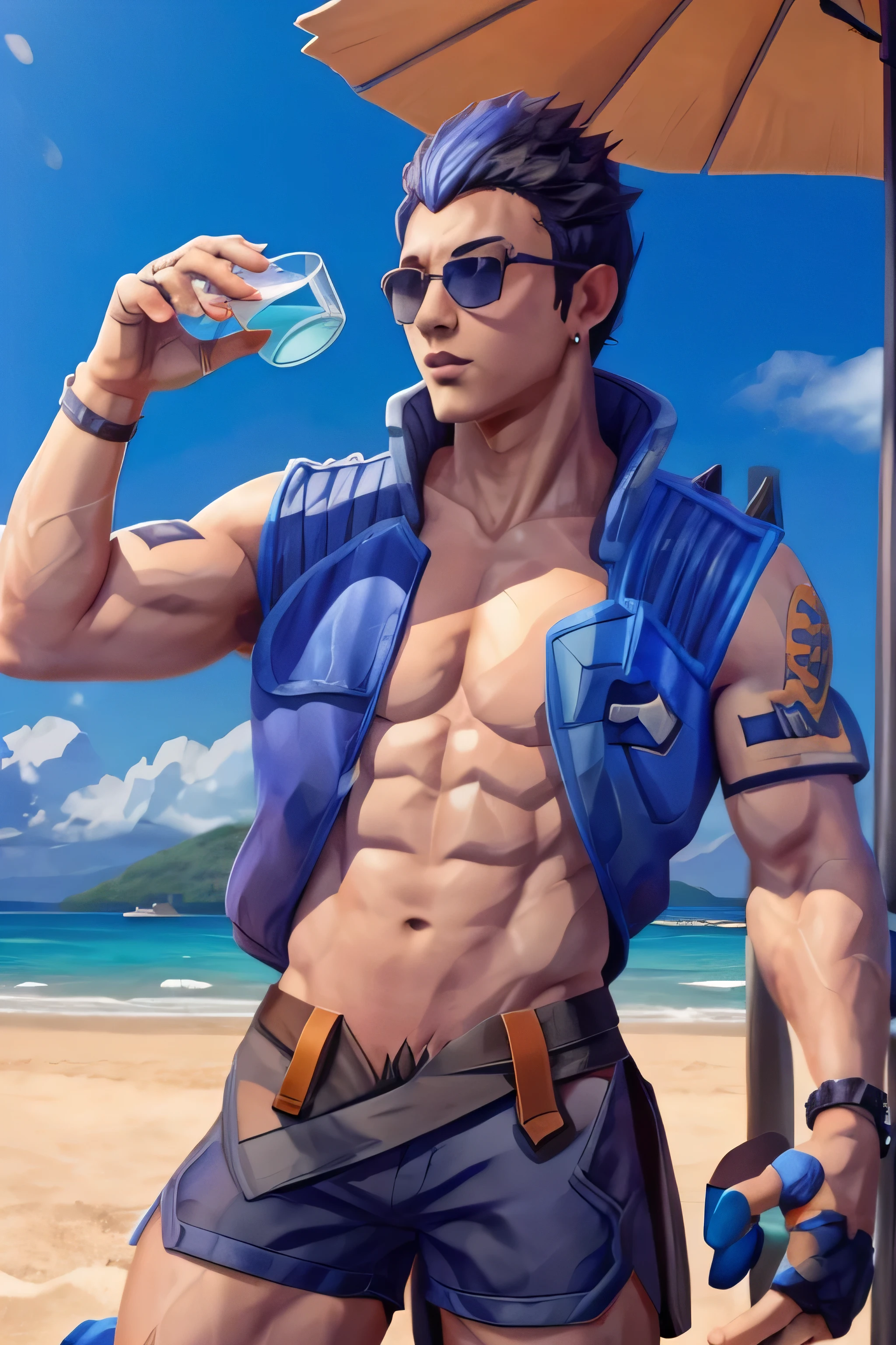 yoru valorant, shirtless, fully shirtless, wearing sunglasses, beach background, ⛱️, drinking coconut