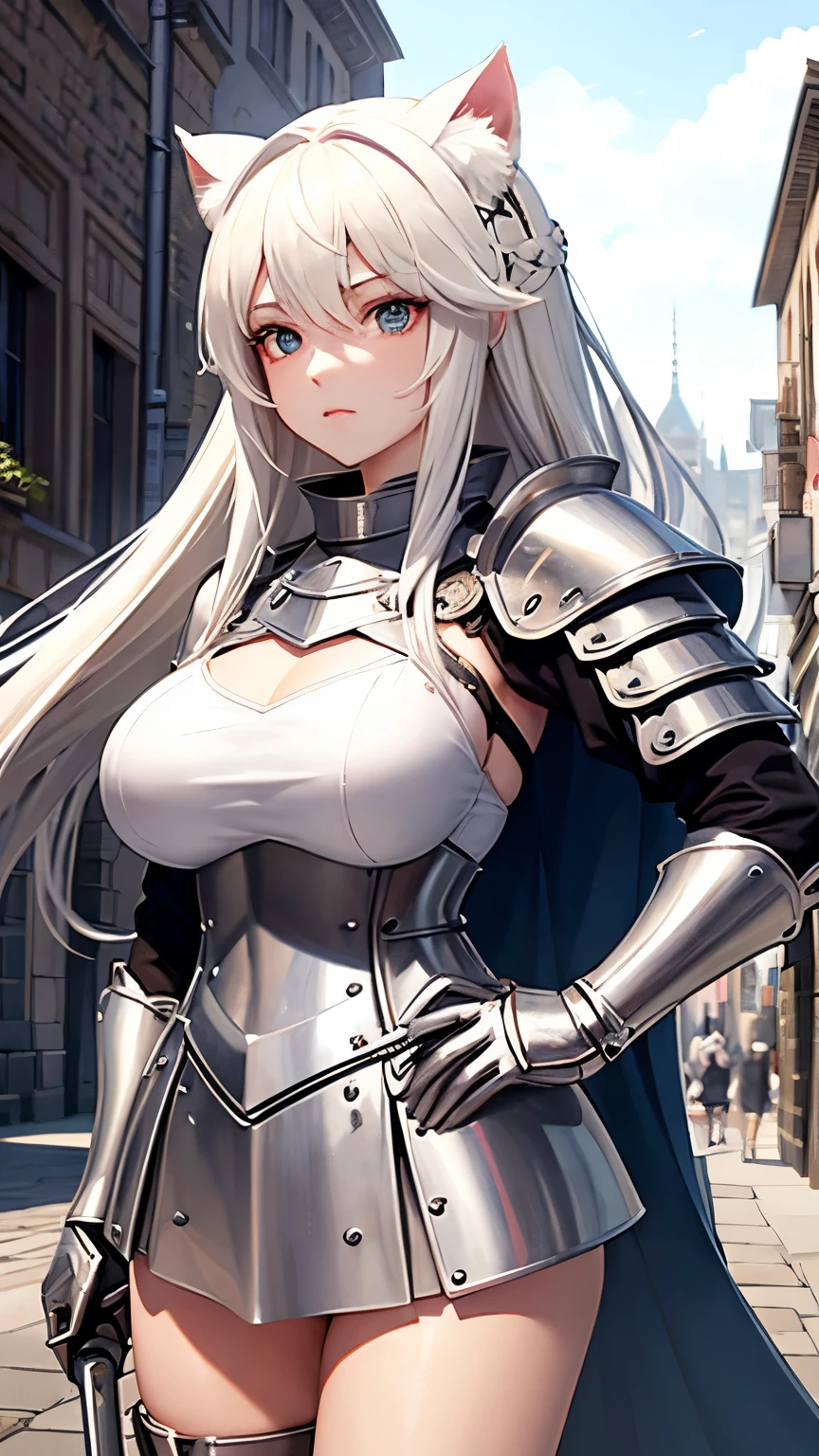 knight、woman、White、Blonde、Cat ear、Large sword、knight、Big eyes、Double、Leather Armor、Soft、大人のwoman、Sword in hand、Background City、whole body、Ready your sword、Big Breasts、Sword 1 is a book、Knee-high boots、