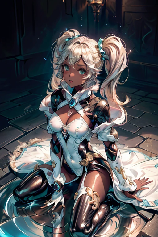 Iooiklas,Platinum Blonde Hair,Twin tails, hair ornaments, White Dress, Black knee socks,
Removable sleeves,Complex eyes,Beautiful fine details,Symmetrical eyes,Big eyes:1.5,
(((dark skin,dark_skin,rous skin:1.5,bright skin: 1.5,
skin tanned,shiny skin,very shiny skin,Shiny body,plastic glitter
skin,exaggerated shiny skin,illuminated skin))),
(,Detailed body,(Detailed face)), cute,Lewdtic,Bmel toe revefit,show skin,(((Sexy aqua fur coat, Aquur coat outfit,
wearing a Ice Dress:1.3,aqua 冬 coat))), ((Ice Dress,elegant Ice Dress)),
(White gloves,White clothes,(((Complex outfit,Complicated clothes,Embroidered costume,Glamorous costumes,Embroidered clothes,
Glamorous clothing))),skinsuit, Bodysuits, pantyhose,
High resolutionp focus,(Super detailed,Very detailed),(Very detailed CG unity 8k wallpaper),
(((Vibrant colors))),
smile, Seductive eyes,Open your mouth, Sticking out tongue,汗をかいたskin, upper body,From above,kneeling pose,(Facing this way, with palms outstretched),cracked cobblestone,Mossy wall, Waterway, Surrounded by water, reflection,Breathtakingly beautiful clouds,