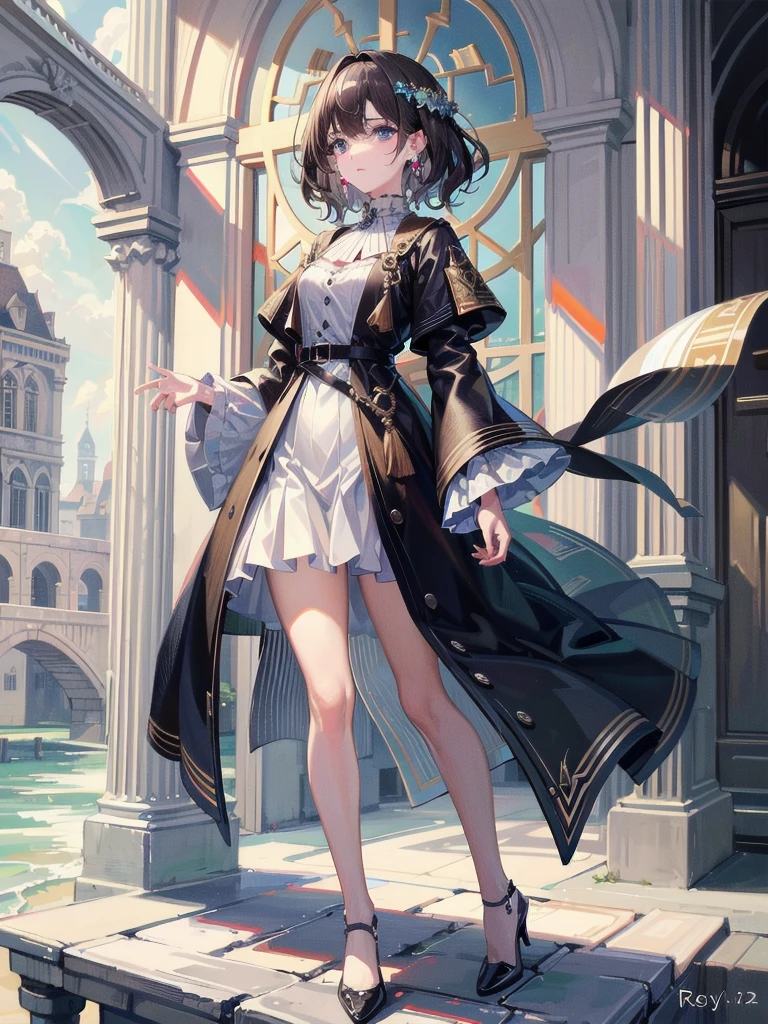 full body shot, absurdres, RAW photo, extremely delicate and beautiful, masterpiece, Best Quality, ultra high resolution, 32k, hyperrealistic, ultra-detailed, detailed beautiful face and eyes, tearful mole, earring, short medium hair, wavy hair, surcoat,
