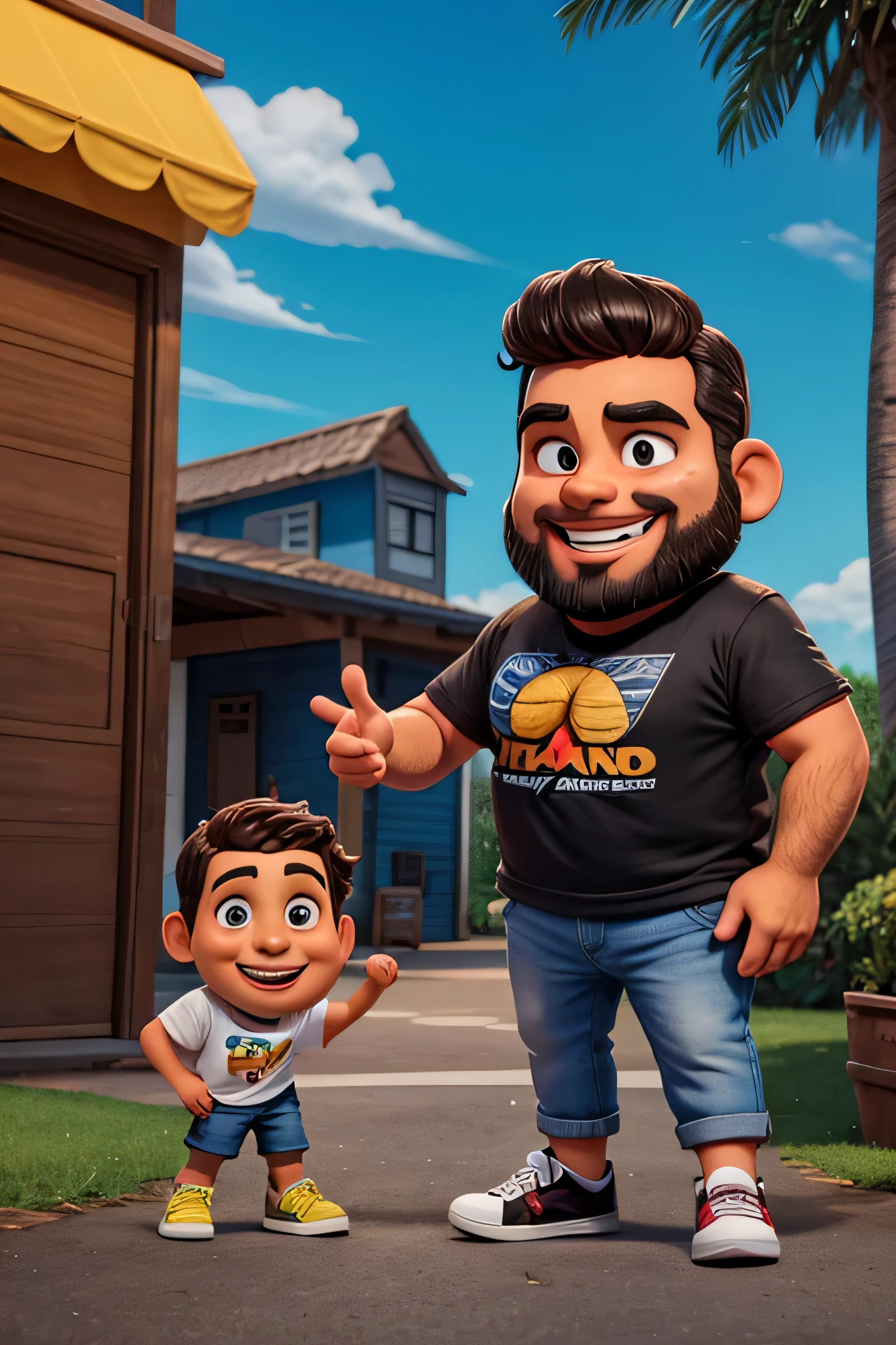 ilustracao de homem gordinho sorrindo com barba latino estilo pixar, t-shirt black, barba de lenhador , capacitor de fluxo, bermuda camuflada , tenis vans, Da frente, Metade do comprimento, delorean no fundo