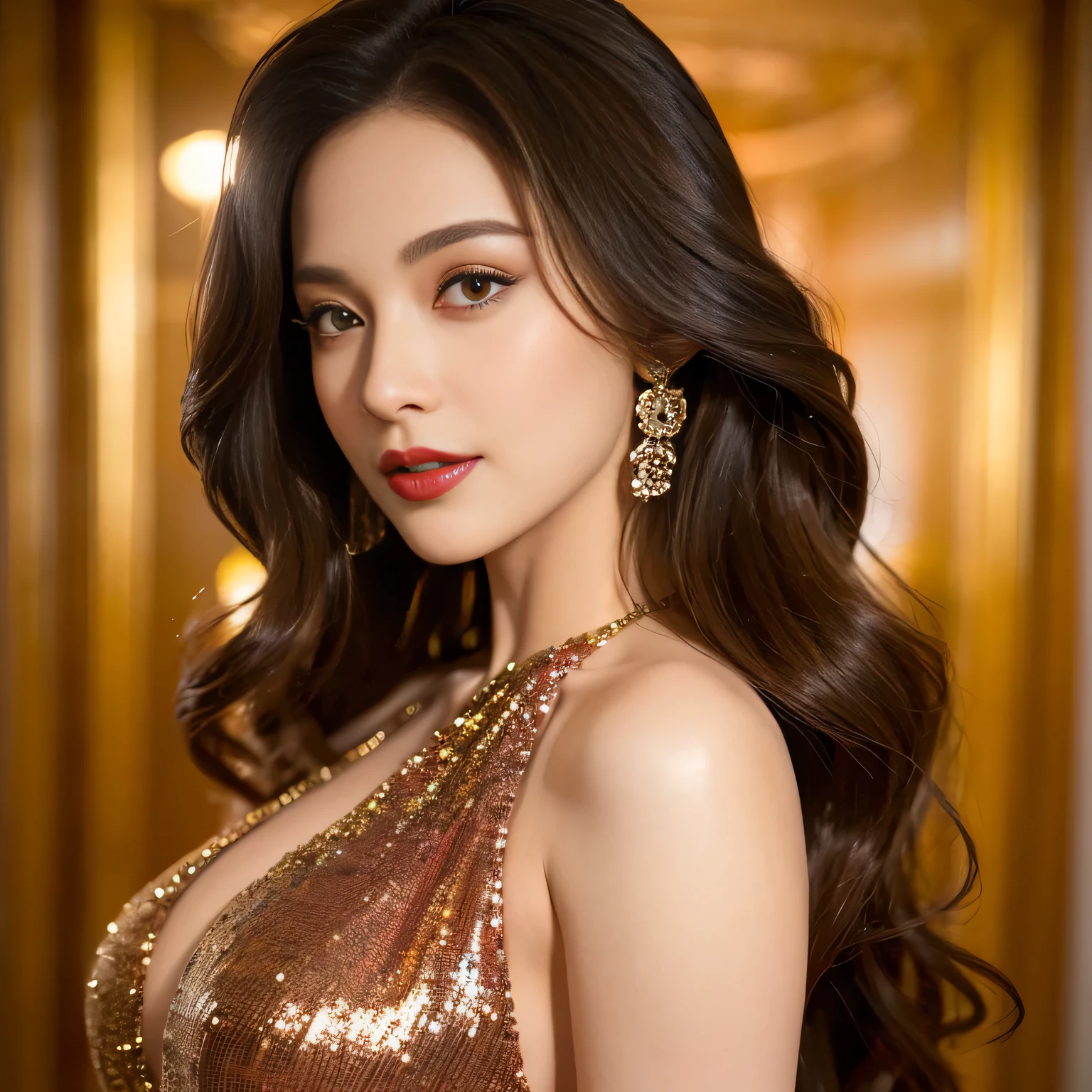 (Best quality, Ultra-detailed: 1.5), Movie star, busty brunette, Red carpet glamour, Confident pose, Signing autographs for fans, (High definition: 1.4), (Film grain: 0.8), Warm studio lighting, Shimmering sequin dress, Luscious curls, Alluring smoky eyes, Seductive red lipstick, Intense gaze, Focused on the fan's face, Personal connection, Fine-tuned details, Symbol of Hollywood beauty. (Masterpiece: 1.3), Busty brunette, Movie star, Charismatic presence, Radiant smile
