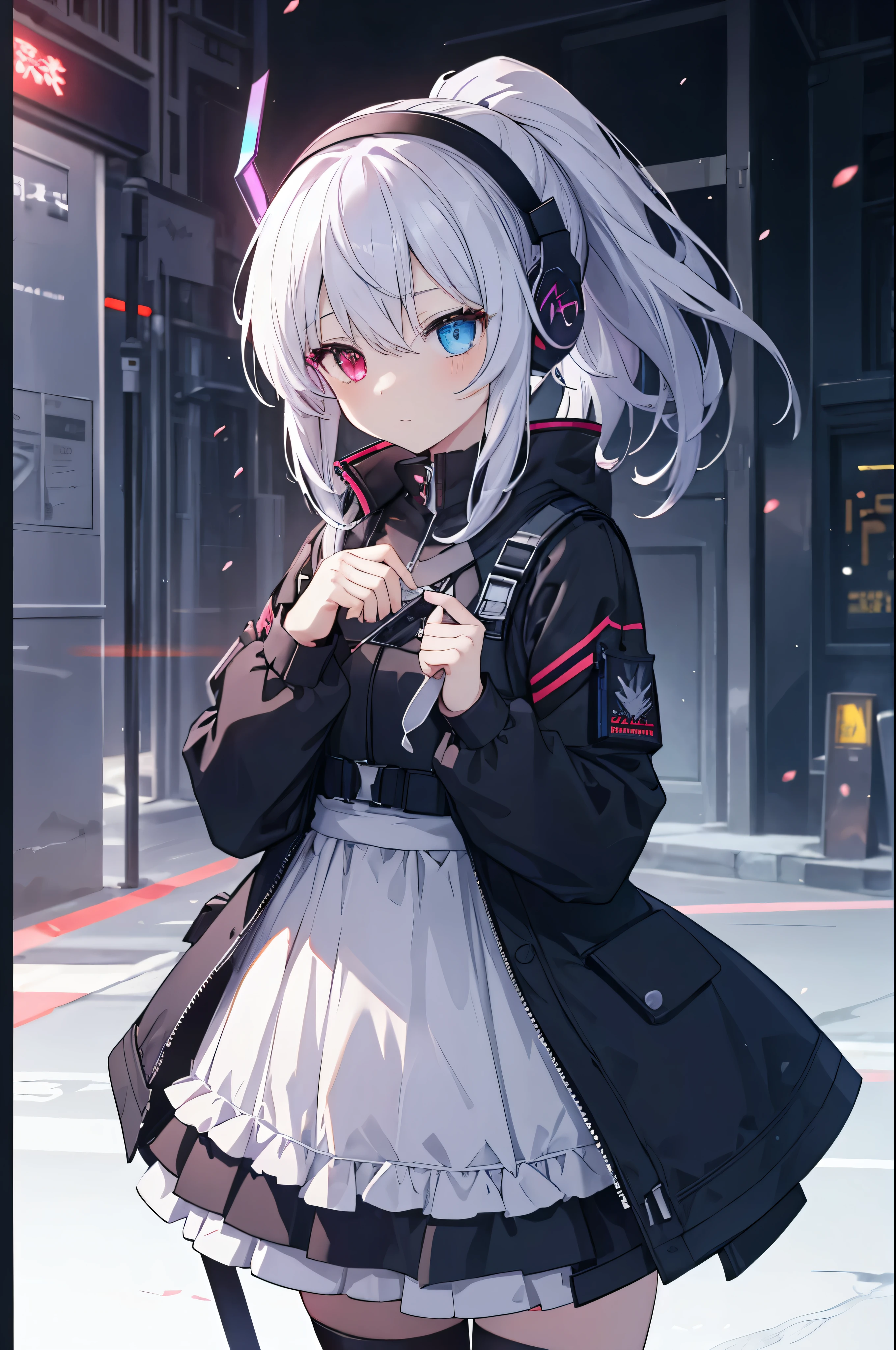 A loli，Skinny Lolita figure，Light purple long single ponytail，Poker face，Red and blue heterochromia，Wearing black tactical jacket，Wearing tactical equipment，Wearing tactical headsets，Holding a pistol，Female hands，Little white hand，Female hands指，Standing on the black street，Cool dark tones，masterpiece，Delicate and exquisite two-dimensional exquisite painting style，Delicate and exquisite，8K high quality，CG Wallpaper，HD，Bad milk，Solitary，Ark of Tomorrow style，Ark of Tomorrow