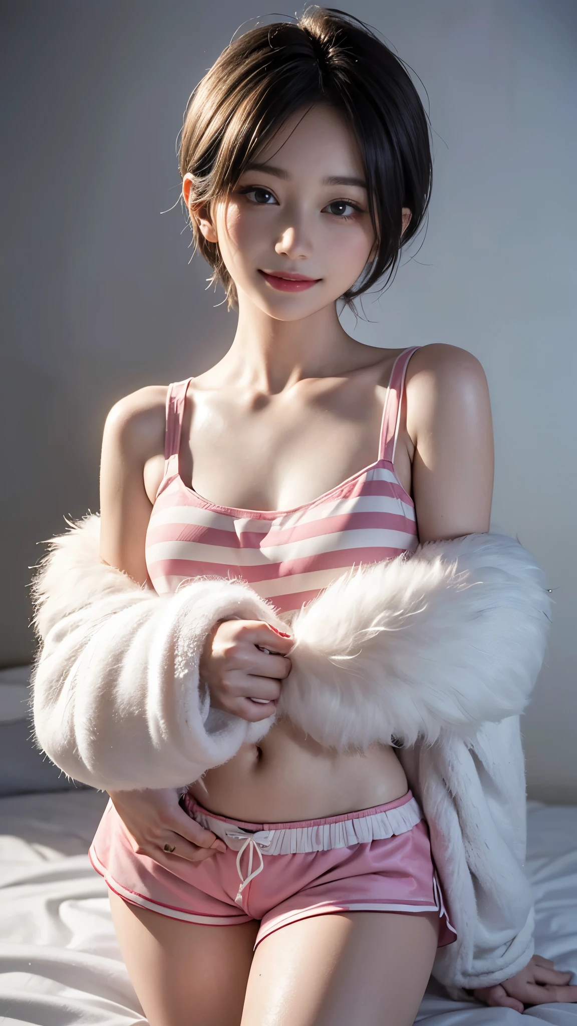 (masterpiece, highest quality, highest quality, Official Art, beautifully、beautiful:1.2), Cinema Lighting、(Key light at 45 degrees from the front,Subsidy light、Soft Blue Backlight、Strong Shadows、), Accurate human body、Knowledgeable person、Correct five-finger、4K - ultra-vivid、highest quality, masterpiece, Ultra-high resolution, Detailed Background、The perfect background、(Little devil smile、Mesugaki Smiles:1.5),
(Oily skin,Glowing Skin、Realistic skin texture、Beautiful skin in every detail、Shiny skin、Slimy skin、Glowing Skin、Shiny skin), White skin, Real human skin, (Familiar), Oval Face, pore, Ultra-high resolution, (8k, RAW Photos, Realistic: 1.4), One Girl, slim, (kind, Goddess-like eyes) happiness: 1.2), (Lip gloss, eyelash, Gloss Face, highest quality, Ultra-high resolution, Wide Lighting, Natural Shading)、(sexy), Absolute area、Long beautiful slim legs、Short length、(Ecstatic sexy smile expression:0.8,) (dark, Dark Room:1.5, night:1.8)Spread your legs on the bed:1.0), (((Big Breasts))),
((((Pajamas made of fluffy material like a blanket:1.5、Pink and white horizontal stripes two-tone color、Mini shorts made of super fluffy material like a blanket、Fluffy and soft fur nightwear like a blanket:1.8)))),((Cream yellow hair:1.3))