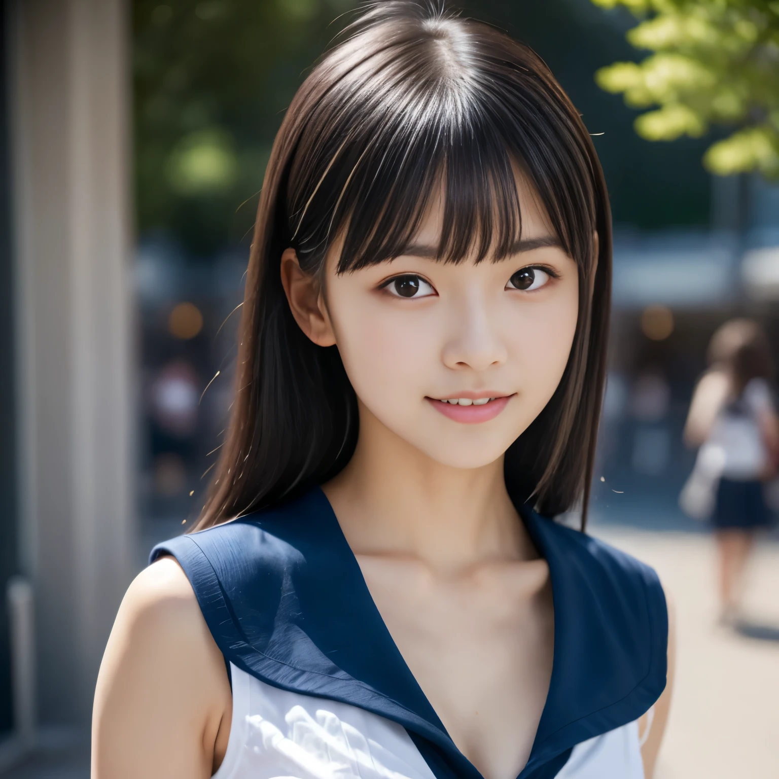 masterpiece, highest quality, 8k, 1 girl, (18-year-old),  alone, Close-up of face,(Super cute idol-like face:1.2), Delicate girl, Black Hair, Middle straight hair, bangs, View your audience, Frank, Sophisticated, Professional Lighting, Film Grain,  Beautiful appearance, (No background), (White sleeveless blouse:1.2), Upper Body, Small breasts, (On the way home from school), 