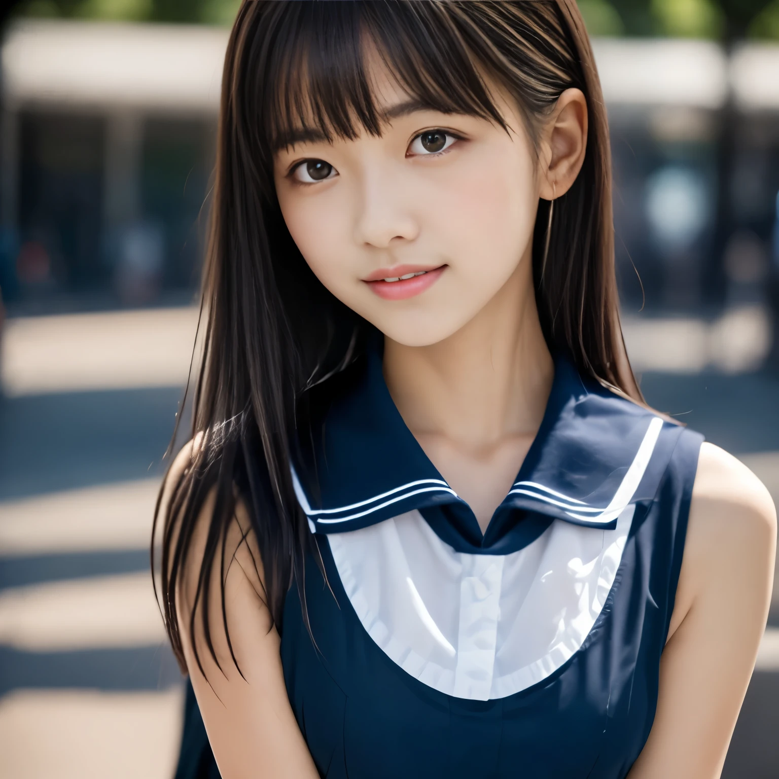 masterpiece, highest quality, 8k, 1 girl, (18-year-old),  alone, Close-up of face,(Super cute idol-like face:1.2), Delicate girl, Black Hair, Middle straight hair, bangs, View your audience, Frank, Sophisticated, Professional Lighting, Film Grain,  Beautiful appearance, (No background), (White sleeveless blouse:1.2), Upper Body, Small breasts, (On the way home from school), 