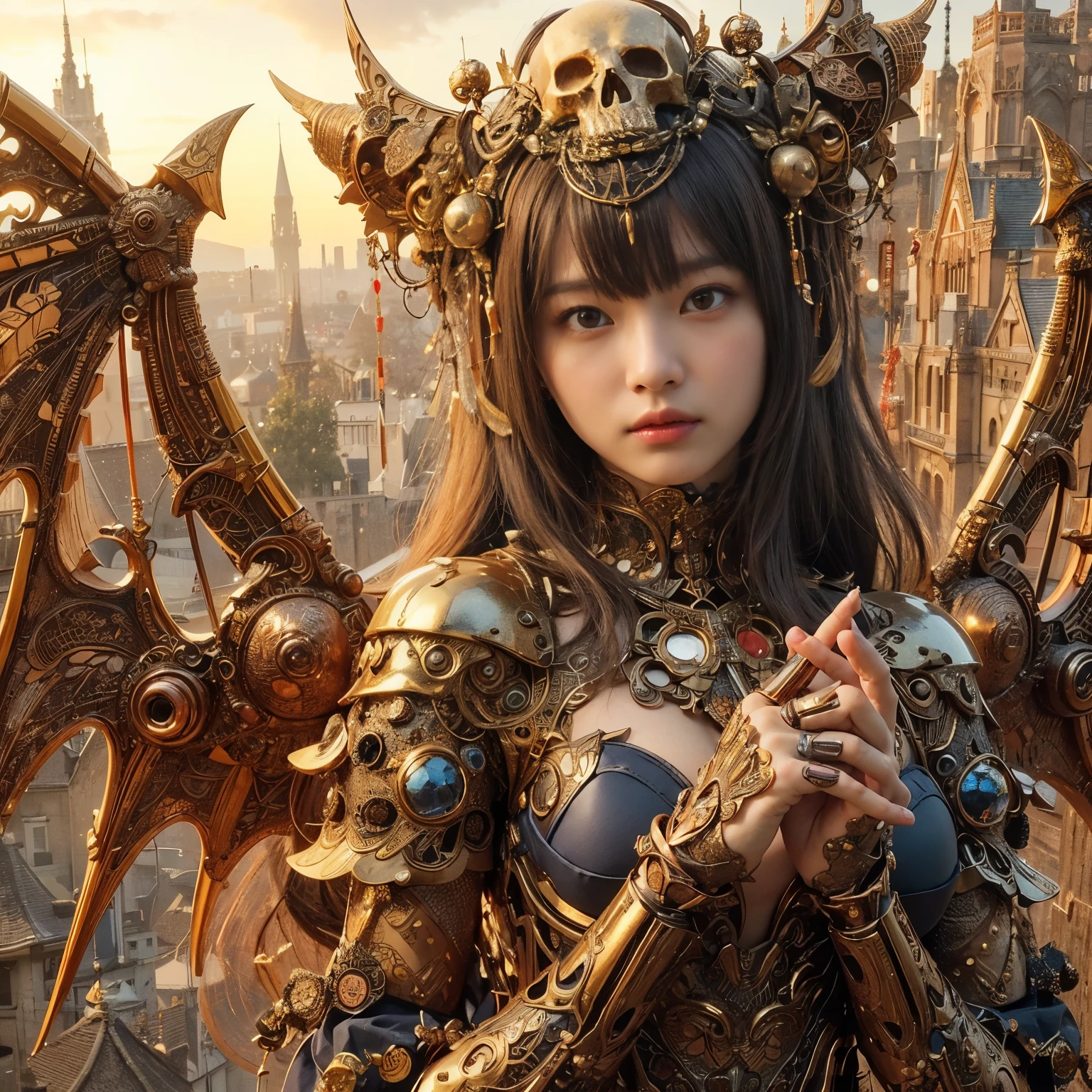 (masterpiece、highest quality、Realistic photos)、A very cute Japanese woman、(Brown skin:1.4)、A complex copper and brass mechanical armor with a skull motif.、Bat Wings、White tone、Blue accents、foot、Extremely intricate details、Posing on the medieval castle walls at sunset、Full Body Shot、Minimum 4 or more generated