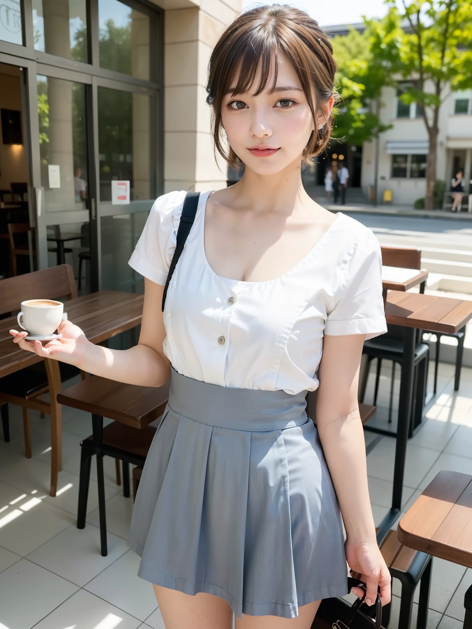 ((Best of the highest quality, 8k, Masterpiece: 1.3, raw photo)), Sharp focus: 1.2, (1 AESPA, slim body type female, 21 y/o: 1.1), (Solo: 1.2), (realistic, photo-realistic:1.37), face focus, cute face, finely eyes, side lighting, using reflectors, (small breasts, flat chest, Thigh: 1.3), (short messy hair, bangs, updo: 1.28), (cafe waitress uniform, skirt: 1.32), waking terrace dining, sun light, flower