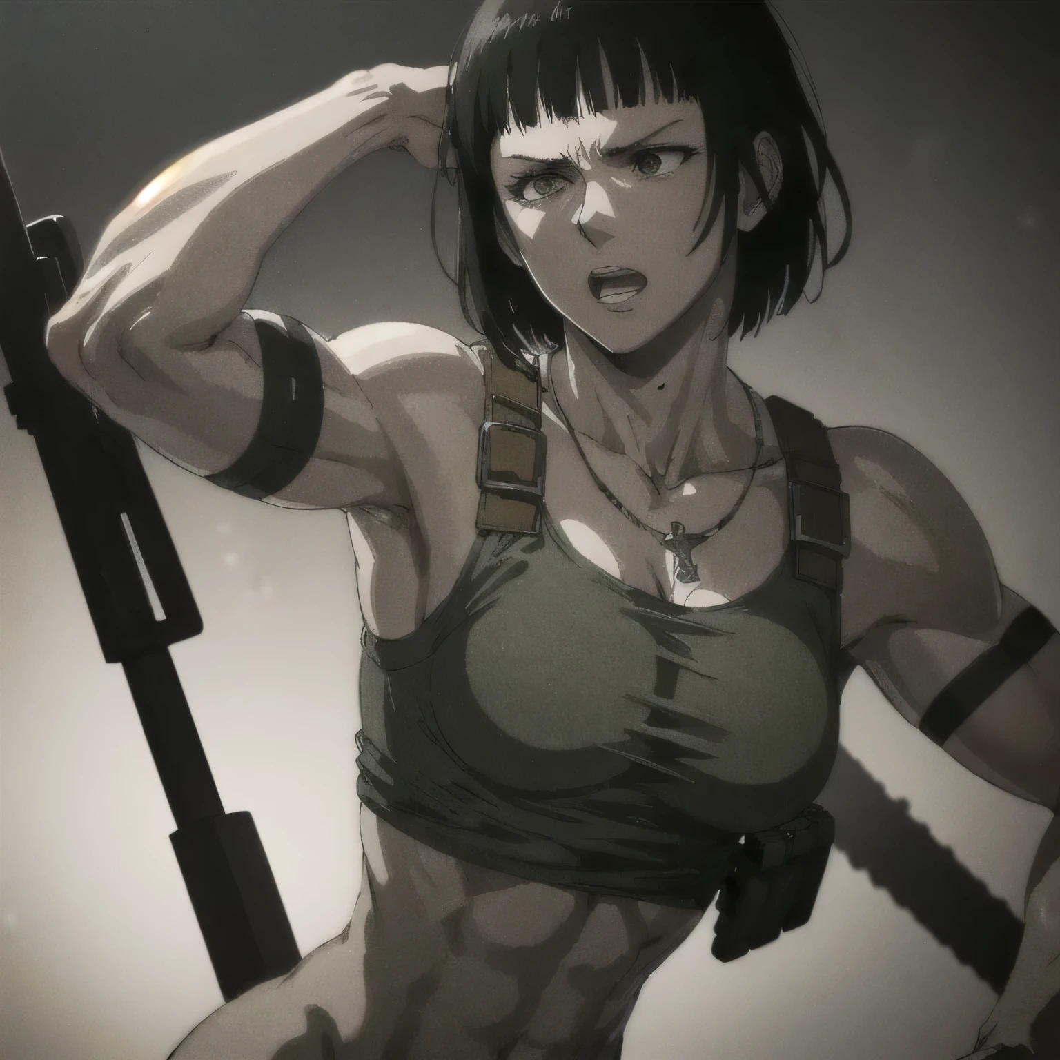 (best quality,ultra-detailed,realistic:1.37),musclaur badass girl with sculpted body with, full review of the female character's face and body, intense expression, strong and confident posture, studio lighting, vivid colors, physiologically-based rendering, grungy texture, rugged background, dust particles in the air, commanding presence, professional, powerful, gritty aesthetics,,Valmet،short hair,necklace,clean muscles,soldier uniform