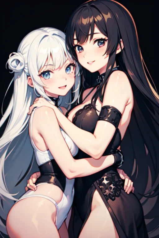 two girls,hug,anime,Black,Pure White,best quality,highly detailed,insanely detailed,smiling sweetly