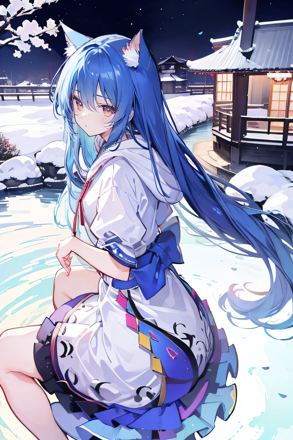 （masterpiece：1.2），Super detailed，lifelike，Expressive eyes，fair skin，perfect face shape，1 girl，
Japanese comics,Gorgeous blue hair,flowing blue hair,flowing clothes,Cat ears,Petals fall,beautiful lola,Baby Angel,
Cross your legs，Gentle and peaceful background，The pavilion is cool and comfortable,smile, wearing hoodie, background of tokyo,back views,snowing, winter.