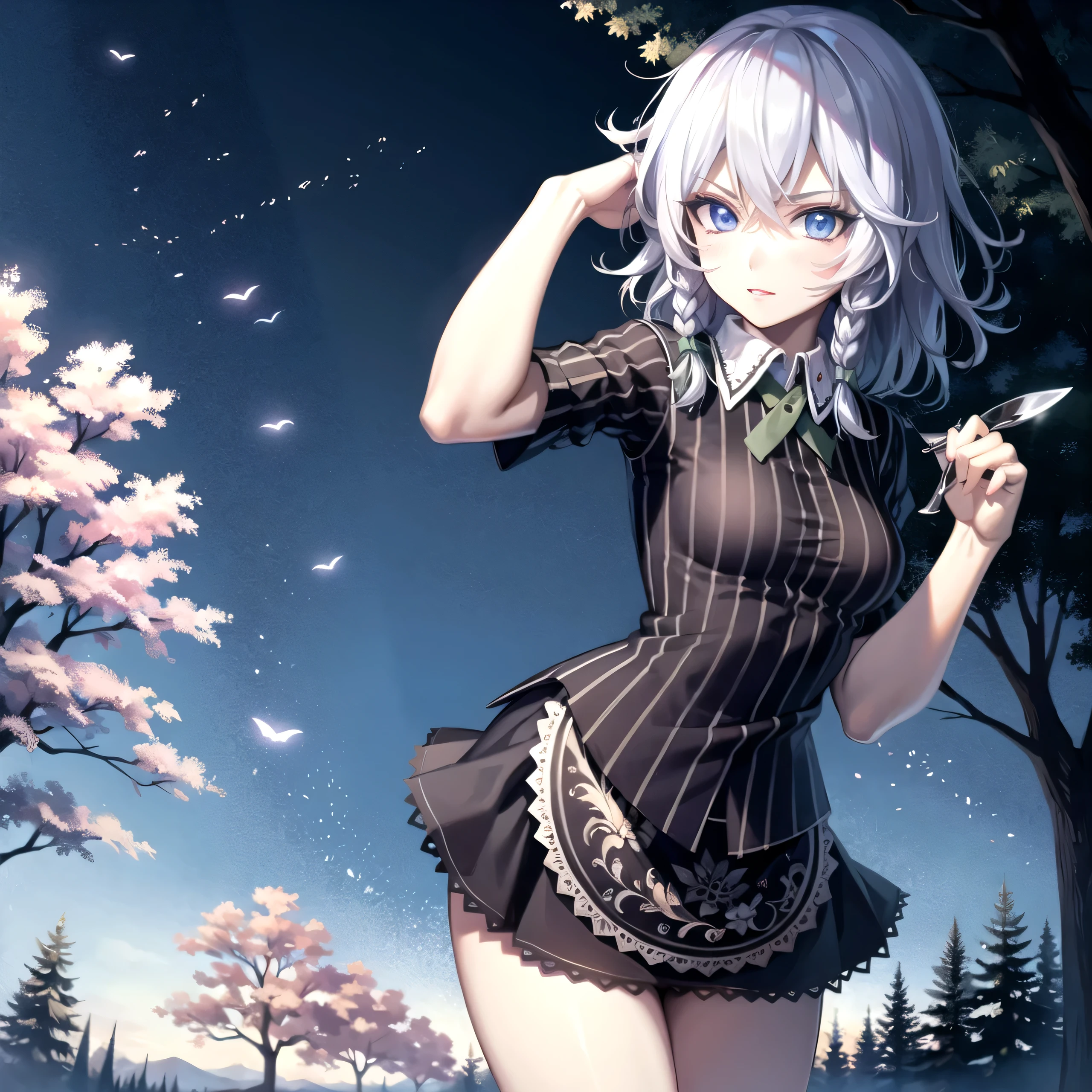 detailed background, masterpiece, best quality, , a forest full of purple and white trees, fireflies, water, purple theme, white theme, mystical, magical, 1girl, solo, sakuya izayoi, silver hair, maid dress, white apron, very short skirt, sexy pose, flying knives, , sleeveless outfit, detailed face, detailed eyes, fresh blue eyes, big green ribbons, blue outfit, small-to-medium breasts, white hair, bowtie girl
