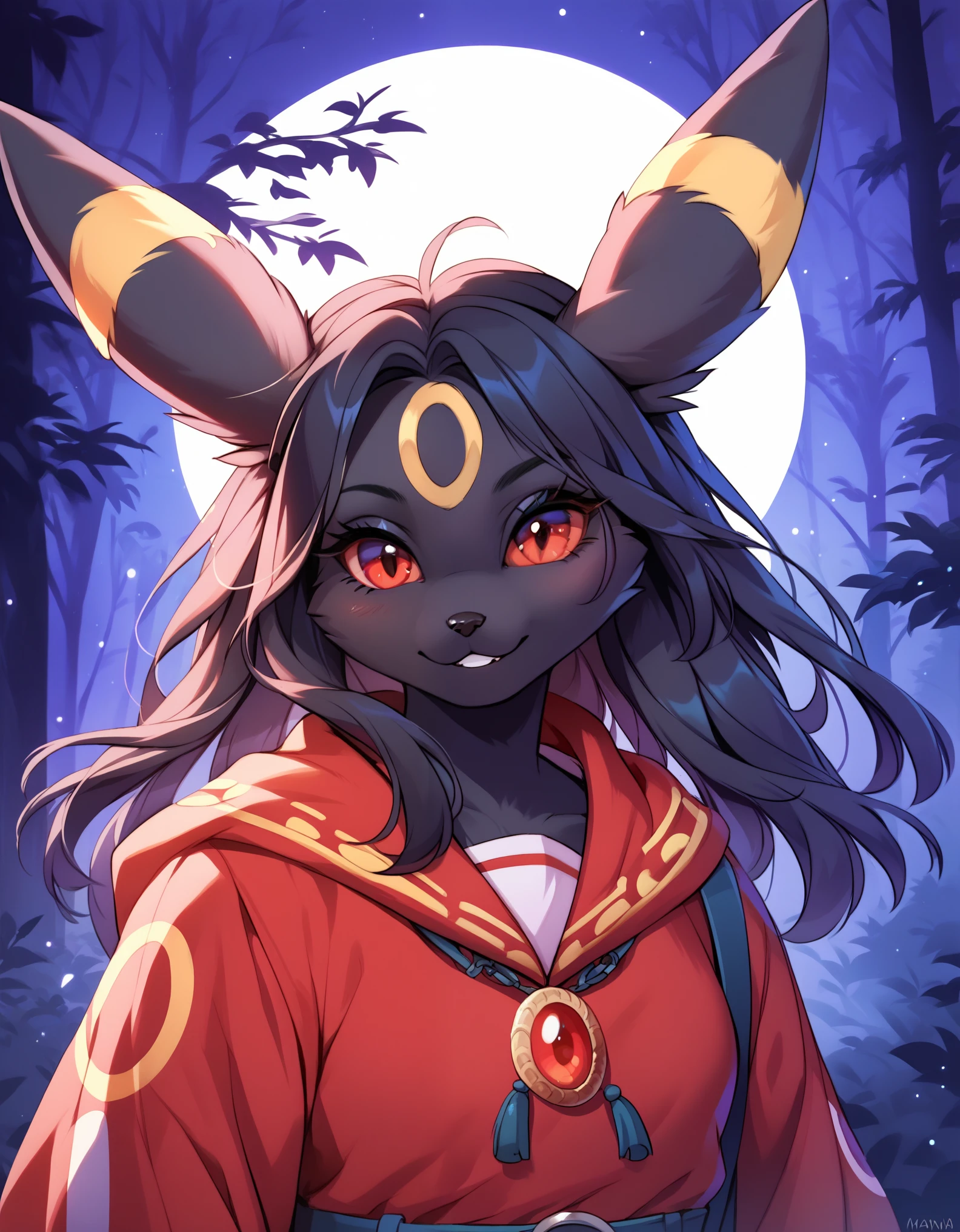 score_9, score_8_up, score_7_up, source_furry, rating_safe, by magnaluna,, 1girl,anthro, umbreon, black body fur, gold markings, pokemon, red eyes, fluffy fur, at night, moonlight, forest, detailed background, best quality, clothing