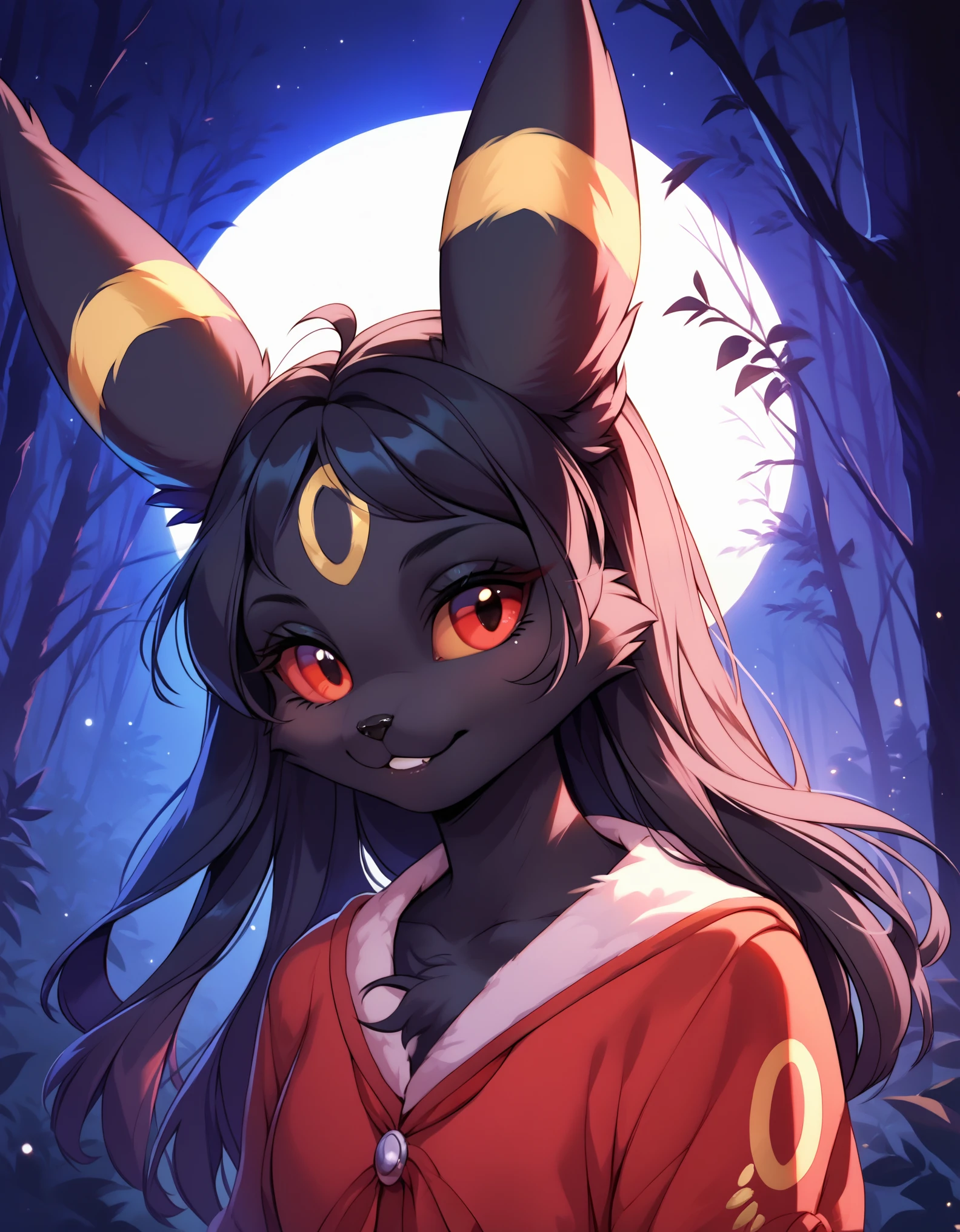 score_9, score_8_up, score_7_up, source_furry, rating_safe, by magnaluna,, 1girl,anthro, umbreon, black body fur, gold markings, pokemon, red eyes, fluffy fur, at night, moonlight, forest, detailed background, best quality, clothing