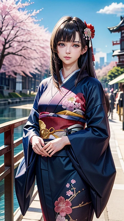 ,(highest quality、8K、32k、masterpiece)、(masterpiece,newest,exceptional:1.2), anime,1girl,bangs,black_hair, beautiful 8k eyes,blue_sky,bridge,building,castle,city,cityscape,cloud,day,dress,looking_at_viewer,outdoors,red_neckwear,red_ribbon,ribbon,river,short_hair,short_sleeves,sky,skyscraper,solo,standing,town,water、((Very beautiful woman, Fuller lips, Japanese pattern kimono))、((Colorful Japanese kimono)))、(((Medium Shot)))、Blunt bangs、(High resolution)、、very beautiful face and eyes、1 girl 、round and small face、thin waist、delicate body、(highest quality high detail Rich skin details)、(highest quality、8K、oil paint:1.2)、Super detailed、(realistic、realistic:1.37)、bright colors、(((Black Hair)))、(((Long Hair)))、(((Cowboy photos)))、((( in the pink blossom garden)))、