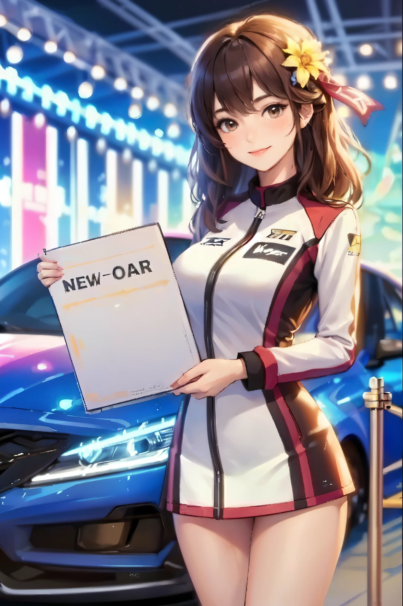 1lady solo standing, event staff (costume inspired by racer uniform), mature female, /(light brown hair/) bangs, blush kind smile, (masterpiece best quality:1.2) delicate illustration ultra-detailed, large breasts BREAK (standing next to the latest model car), (holding panel with car name) BREAK (motor show indoors), audience, detailed background