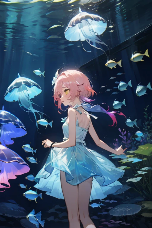 jellyfish、光るjellyfish、Aquarium、Tropical fish、colorfulな魚、girl、In the water、Spreading hair、Aquarium、Light pink transparent hair color、Gradient Hair、colorful、Beautiful colors、Neon color、Rainbow-colored