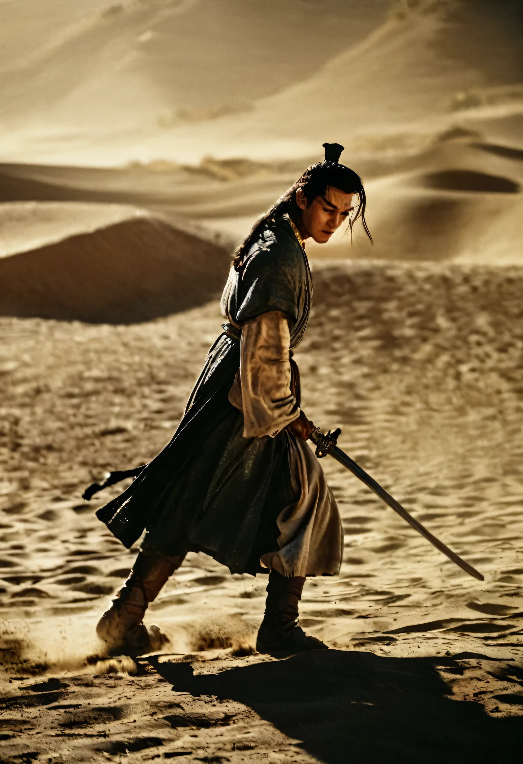 Hero Movie still a man in hanfu,despair,wuxia,Swordsman. emotion, , Vignette, 4k epic detailed, Kodak photography, 35mm Photo, Clear focus, High Budget, Widescreen movies, Moody, epic, Gorgeous, Film Grain, Granular. Color theme narrative, calligraphy, Strategic Campaign, Palace intrigue, Vast desert, Rain-soaked duel, Movie, Very detailed, Incredible quality, Creative atmosphere, Bright and vivid colors, perfect complex, elegant, Dynamic, Ambient Light, great composition,,,, Rich depth details, Inspiration, Outstanding, very good, Very inspiring, amazing, fair, symmetry, Clear, crisp, attractive, beautiful
