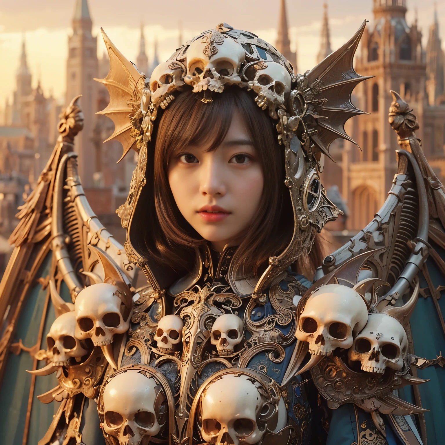 (masterpiece、highest quality、Realistic photos)、A very cute Japanese woman、(Brown skin:1.4)、A complex copper and brass mechanical armor with a skull motif.、Bat Wings、White tone、Blue accents、foot、Extremely intricate details、Posing on the medieval castle walls at sunset、Full Body Shot、Minimum 4 or more generated