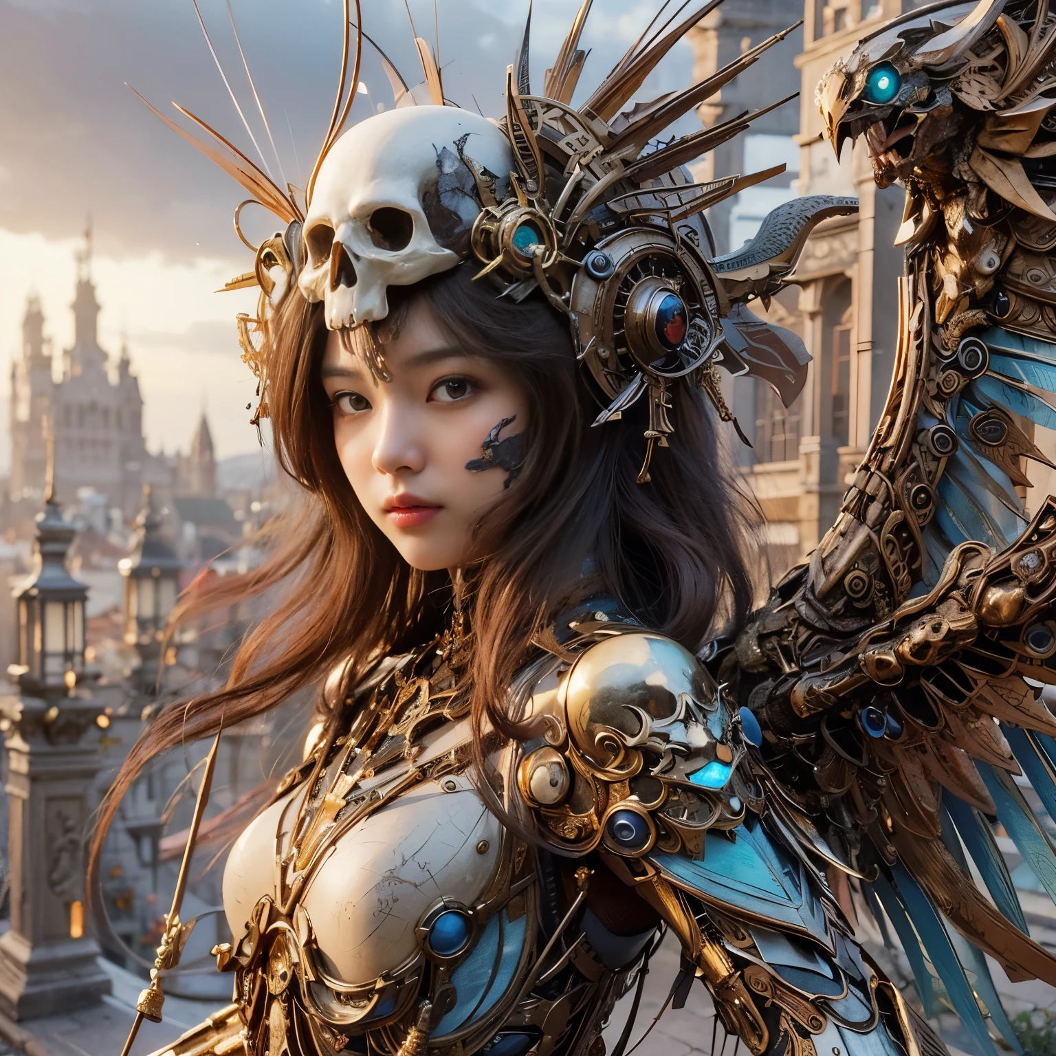 (masterpiece、highest quality、Realistic photos)、A very cute Japanese woman、(Brown skin:1.4)、A complex copper and brass mechanical armor with a skull motif.、Bat Wings、White tone、Blue accents、foot、Extremely intricate details、Posing on the medieval castle walls at sunset、Full Body Shot、Minimum 4 or more generated