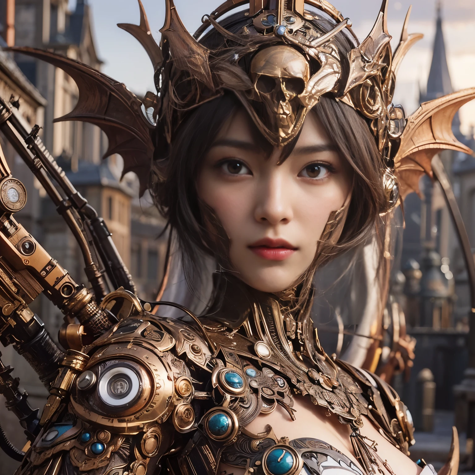 (masterpiece、highest quality、Realistic photos)、A very cute Japanese woman、(Brown skin:1.4)、A complex copper and brass mechanical armor with a skull motif.、Bat Wings、White tone、Blue accents、foot、Extremely intricate details、Posing on the medieval castle walls at sunset、Full Body Shot、Minimum 4 or more generated
