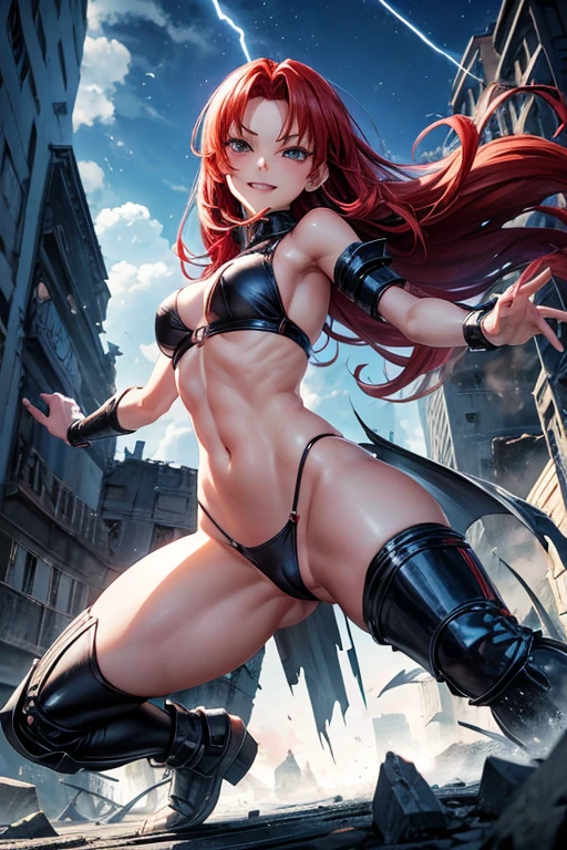 Draw Jessie, an anime-style female character.  straight red hair, thin red eyebrows, burning eyes, with a mouth open in a sarcastic smile.  small and firm breasts, thin waist, big ass, athletic body.  Sexy naughty ice angel armor.  open arms with ice crystals in sexy battle position.  injuries all over her body.  It is on top of the rubble of war-torn buildings.  night sky with strong lightning.  seen from the bottom up showing her entire pussy.  big with an incredible thong within the limits of sensitivity.