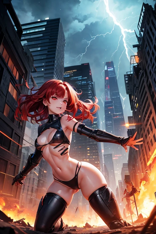 Draw Jessie, an anime-style female character. straight red hair, thin red eyebrows, burning eyes, with a mouth open in a sarcastic smile. small and firm breasts, thin waist, big ass, athletic body. Sexy naughty ice angel armor. open arms with ice crystals in sexy battle position. injuries all over her body. It is on top of the rubble of war-torn buildings. night sky with strong lightning. seen from the bottom up showing her entire pussy. big with an incredible thong within the limits of sensitivity.