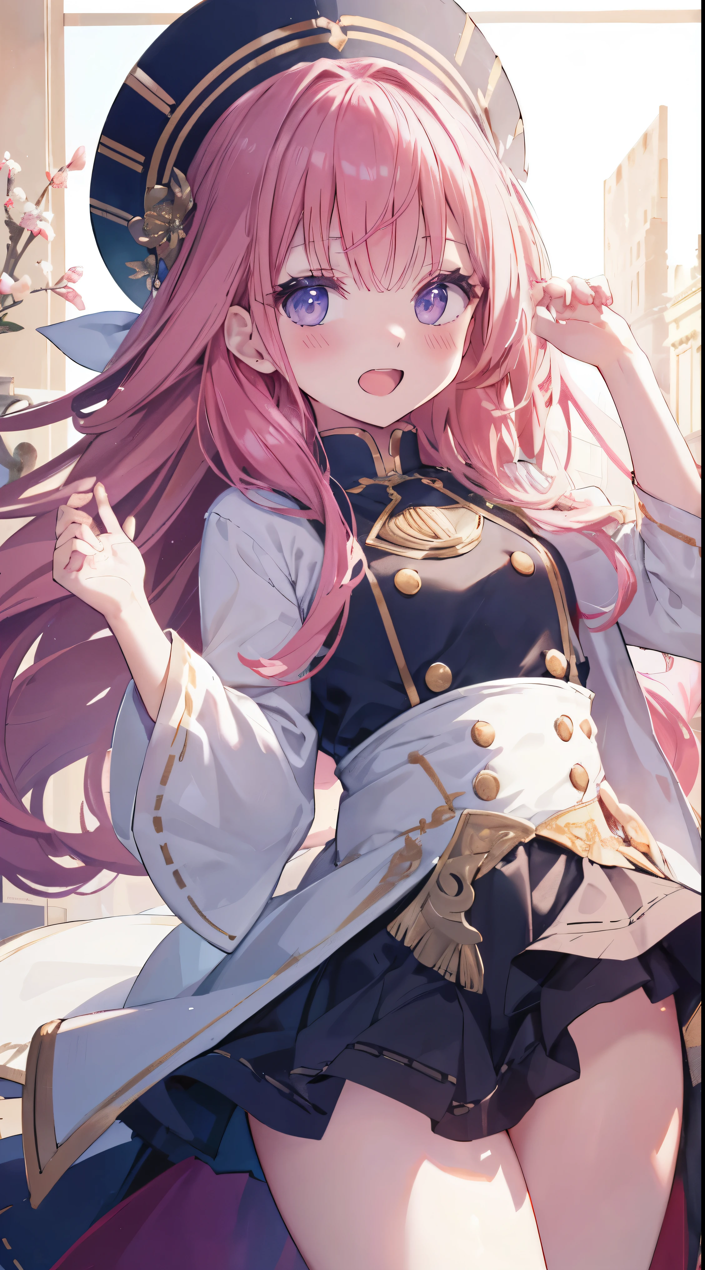 Masterpiece、Highest quality、highest quality、(Open Mouth Smile)、Shiny hair quality、Small face、Dynamic pose、Super detailed, beautiful, wide eyes、Ultra-detailed, clear and beautiful faces、(cute illustration:1.2), High-resolution, ultra-detailed, best quality, embarrassed、Thighs