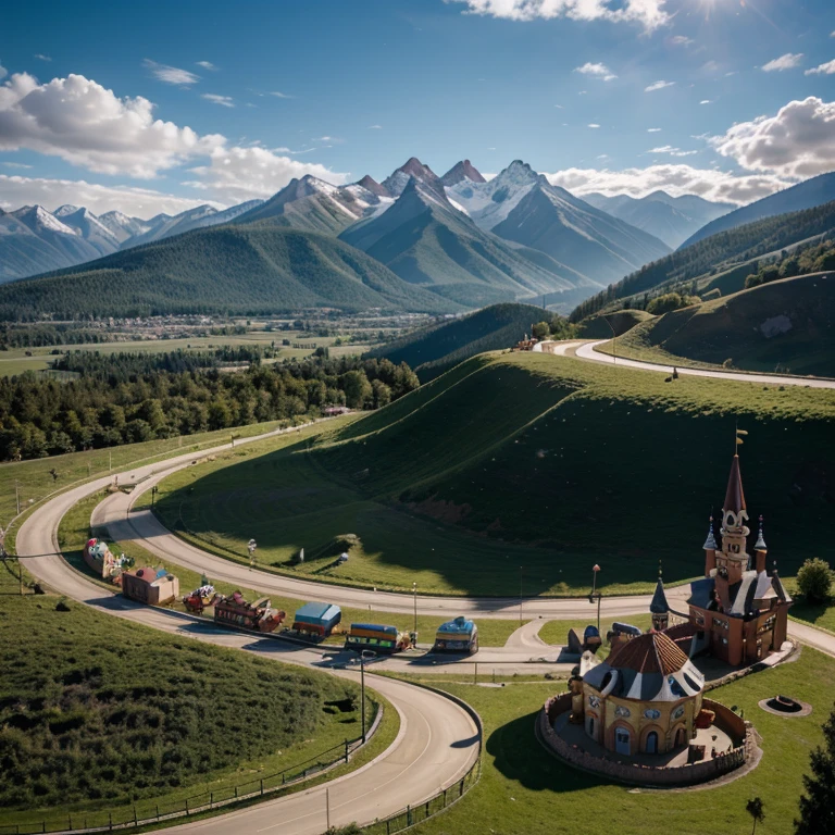 perspective of a toy, magical land made out of children's toys, no people, mountains of toys, hills of yous, toyland