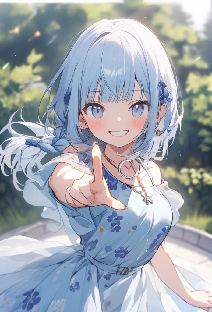 anime,flat-style, 1girl, solo, smile, (dancing:1.6),pointing,  shoulder cutout, light blue hair, messy hair, blunt bangs, braid, dress,  blue eyes, side braid, blush, long hair, grin, outdoors,jewelry, clothing cutout, bangs, necklace, floral print, white background, bow, facing viewer, breasts, bare shoulders, day, collarbone, hair bow, short sleeves, ribbon, depth of field, hair over shoulder,high-heeled shoes, looking at viewer, 