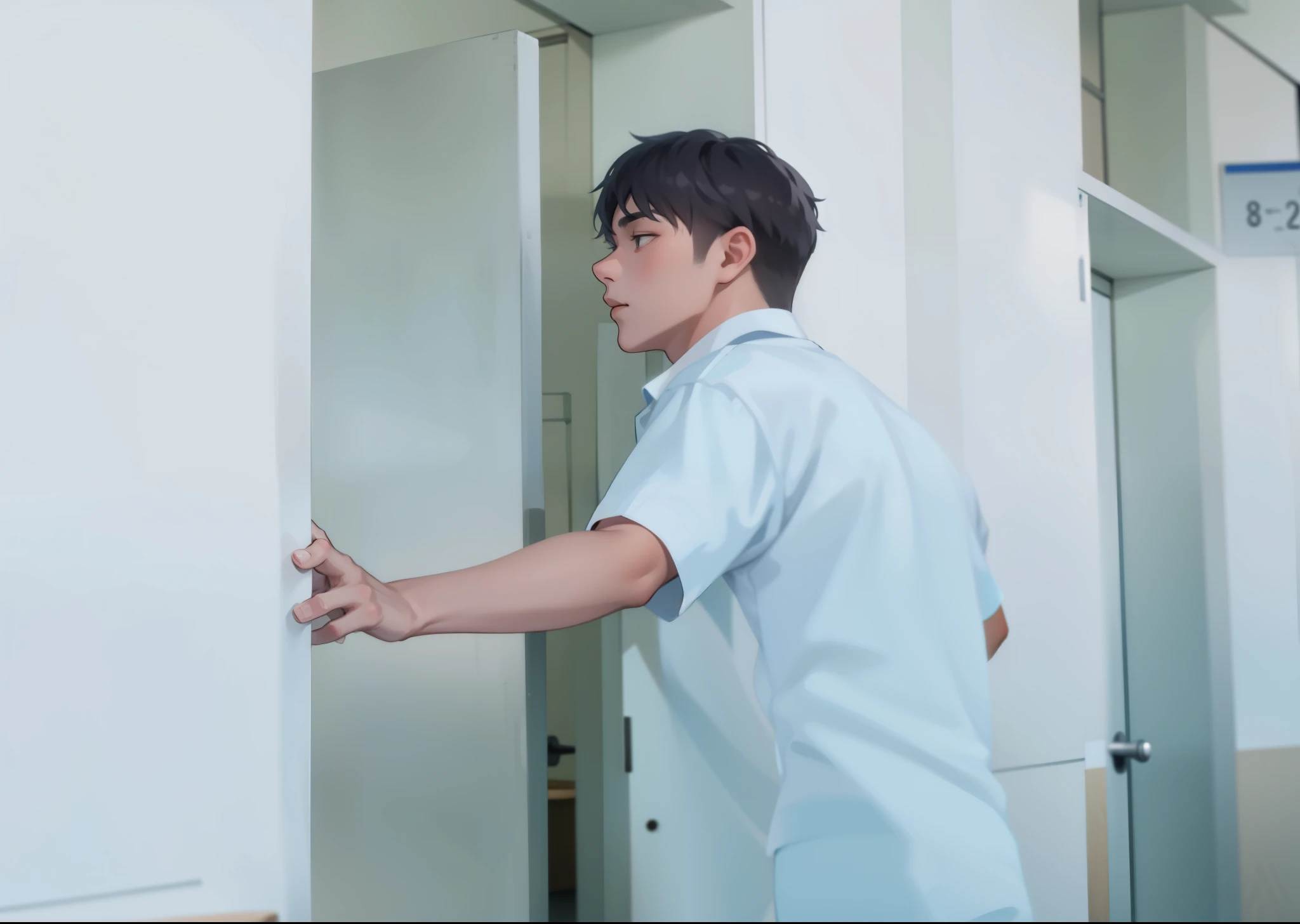 young 16 year old man is looking for someone in that classroom white shirt gray hair