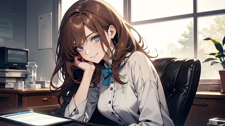 (highest quality,High resolution,Very detailed),1 girl, Beautiful and elegant light blue eyes, Brown Hair, Cold Smile,Medium Hair, Wearing a suit,secretary, Mature Woman, Age 25,Cruel smile, Calm and Calm, Slim figure,Small breasts, Pale complexion, thin, Calm, At the Laboratory,You are operating a tablet,I'm using an intercom