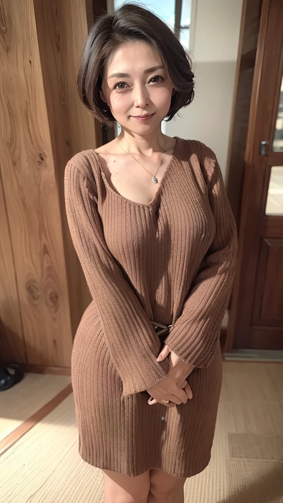 (masterpiece:1.3), (8k, Photorealistic, Raw photo, Best image quality: 1.4), Japanese 、(Random Hairstyles:1.2)、Cleavage:1.2、Super detailed face、Attention to detail、double eyelid、Put your chest together、Sharp focus:1.2、Beautiful woman:1.4、Light brown hair、highest quality、masterpiece、超A high resolution、(Photorealistic:1.4)、Highly detailed and professionally lit smile、Loose, lightweight knitwear、Shoulder out、thin、Serious expression、Short-haired、Deadly position