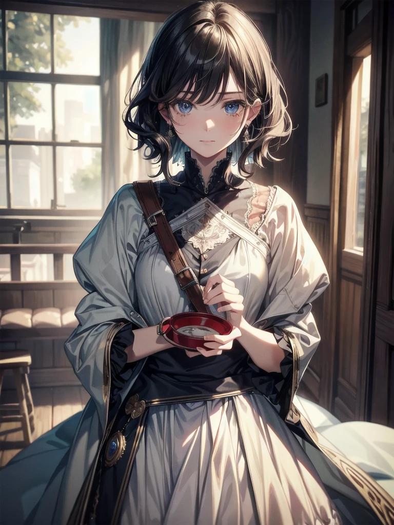 cowboy shot, absurdres, RAW photo, extremely delicate and beautiful, masterpiece, Best Quality, ultra high resolution, 32k, hyperrealistic, ultra-detailed, tearful mole, earring, short medium hair, wavy hair, surcoat,