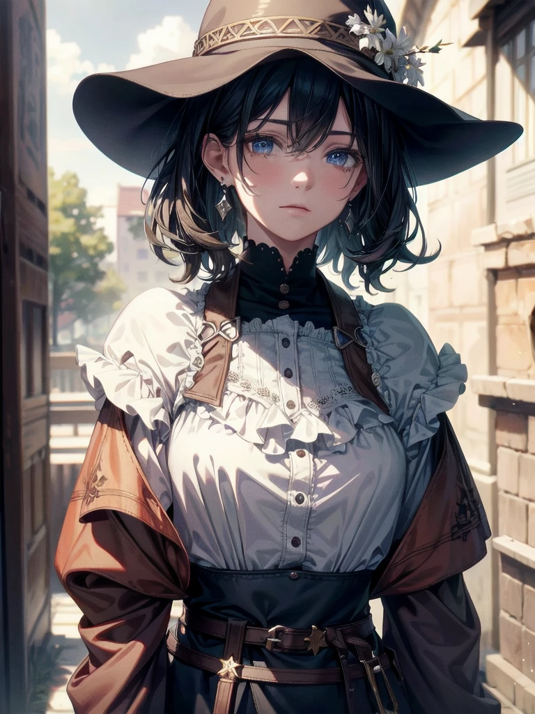cowboy shot, absurdres, RAW photo, extremely delicate and beautiful, masterpiece, Best Quality, ultra high resolution, 32k, hyperrealistic, ultra-detailed, tearful mole, earring, short medium hair, wavy hair, surcoat,