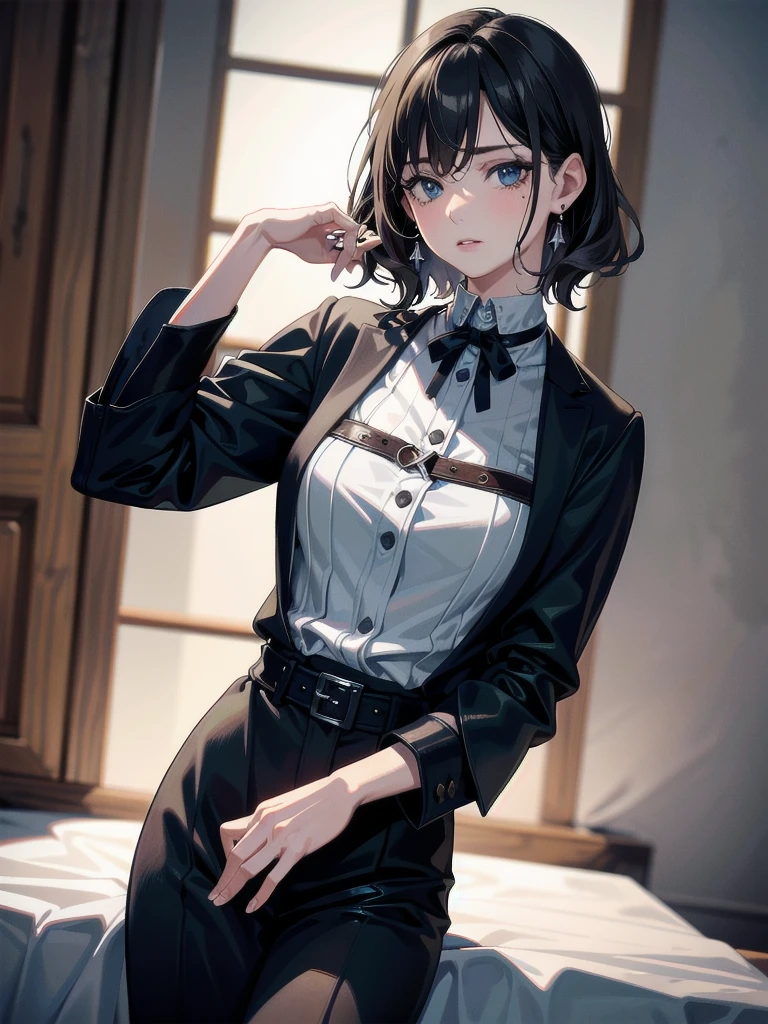 cowboy shot, absurdres, RAW photo, extremely delicate and beautiful, masterpiece, Best Quality, ultra high resolution, 32k, hyperrealistic, ultra-detailed, tearful mole, earring, short medium hair, wavy hair, surcoat,
