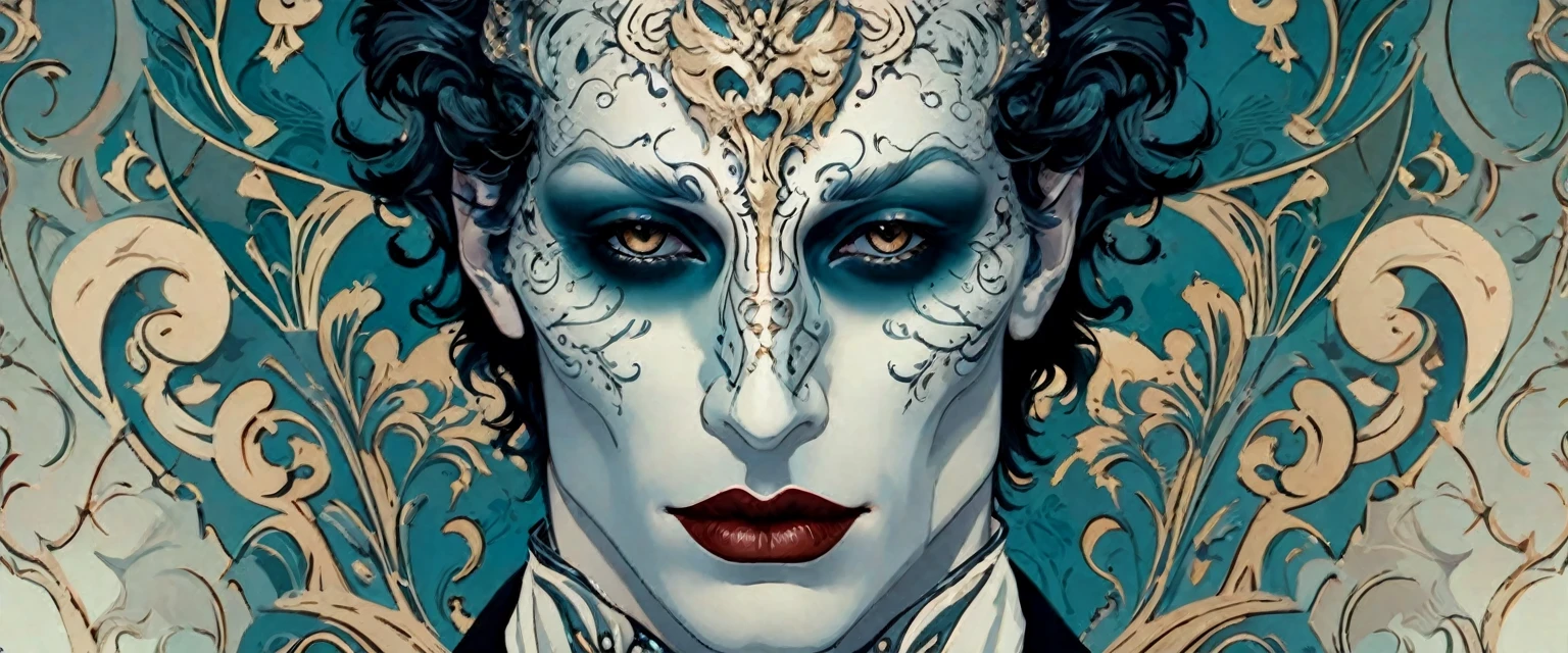 exquisite ink art, realistic, detailed beautiful androgynous vampire man wearing a masquerade mask, aesthetic, rococo style, faded colors

