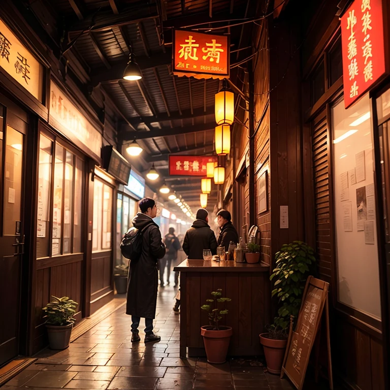 highest quality, masterpiece, Ultra-high resolution, (realism: 1.4), Original photo, In the Dark, Deep Shadow, Modest, Cold Light, Postmodern realistic style bar, Chinoiserie, Bucket Arch, wooden building, cyberpunk elements, Eye-catching Chinese label. --automatic