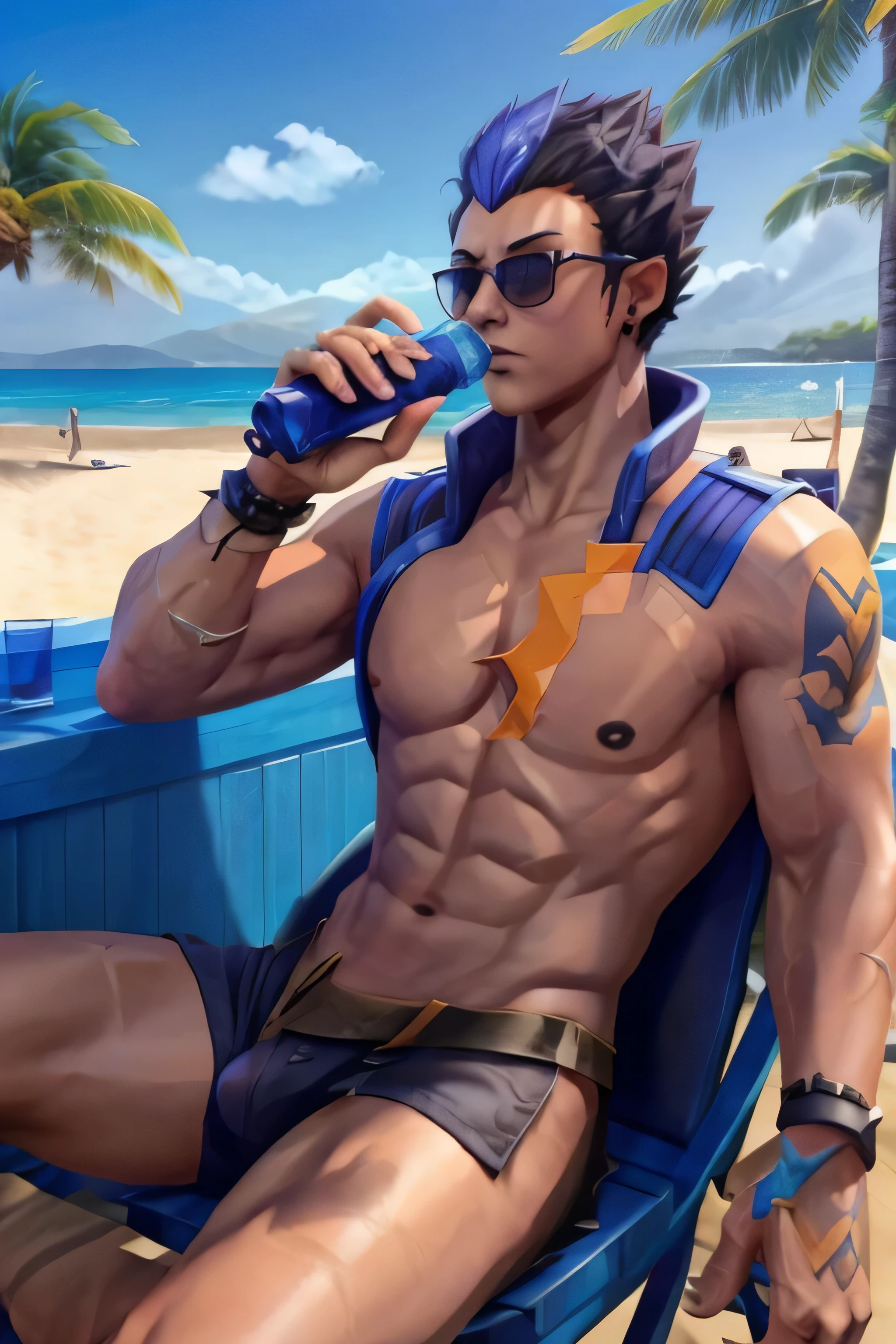 yoru valorant, spiky hair, shirtless, fully shirtless, wearing sunglasses, beach background, sitting, drinking water