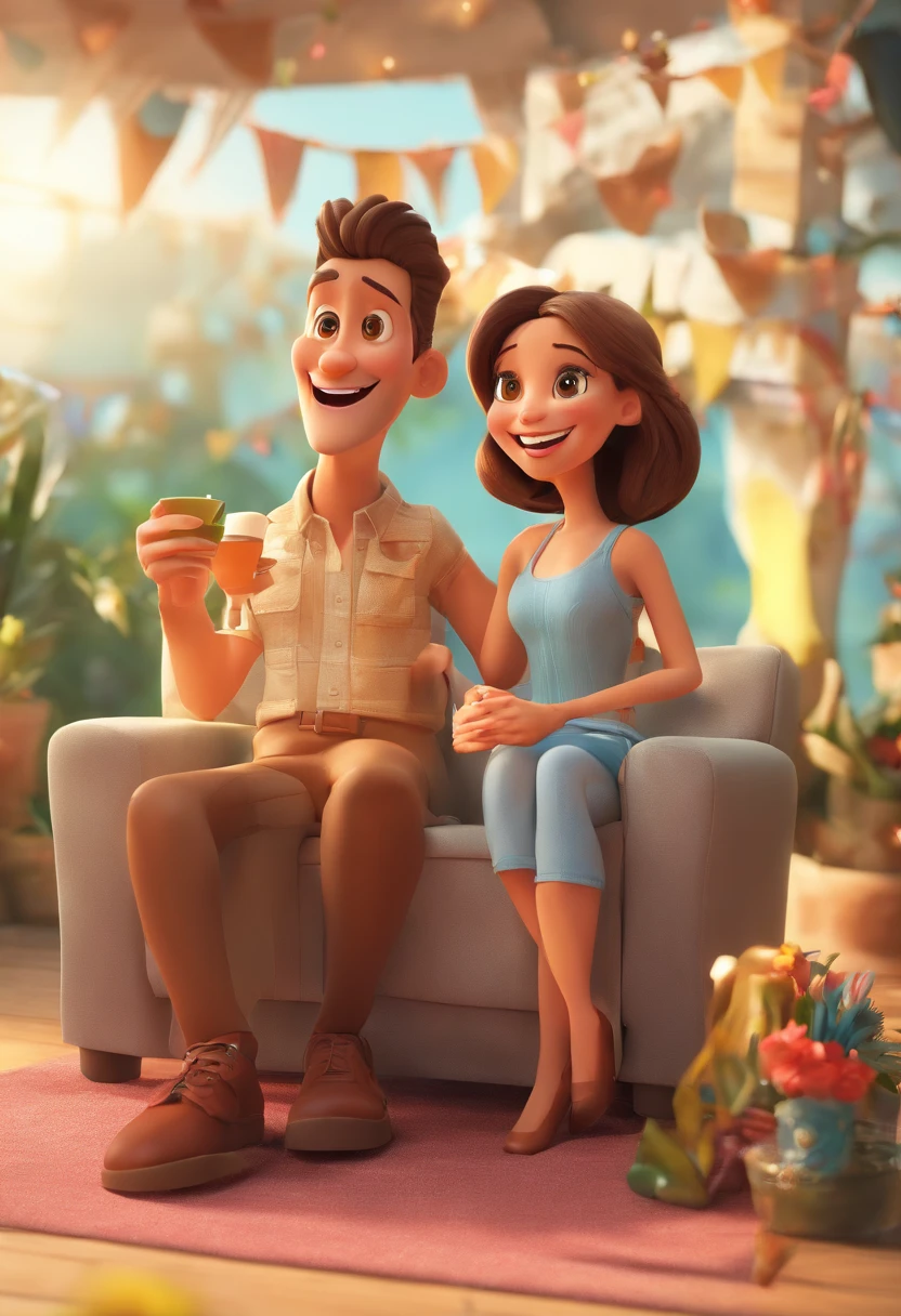 Illustration of smiling man, Homem de pele marrom , galante, em um jantar com uma mulher sorridente, ambiente aconchegante, desenhado no estilo de Arte 3D, C4D, fundo de cor branco puro, estilo disney, estilo pixar render ilustracao Super Detalhe, 8ks