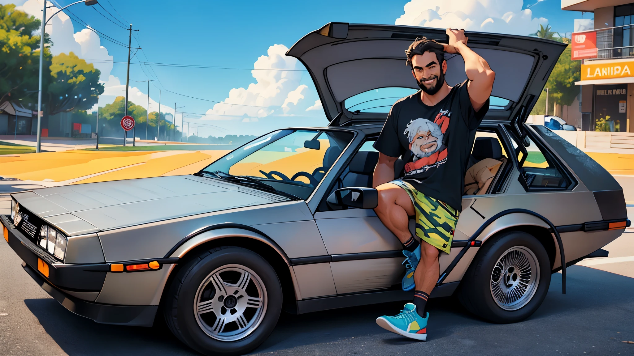 ilustracao de homem gordinho sorrindo com barba latino estilo pixar, t-shirt black, barba de lenhador , capacitor de fluxo, bermuda camuflada , tenis vans, Da frente, Metade do comprimento, delorean no fundo